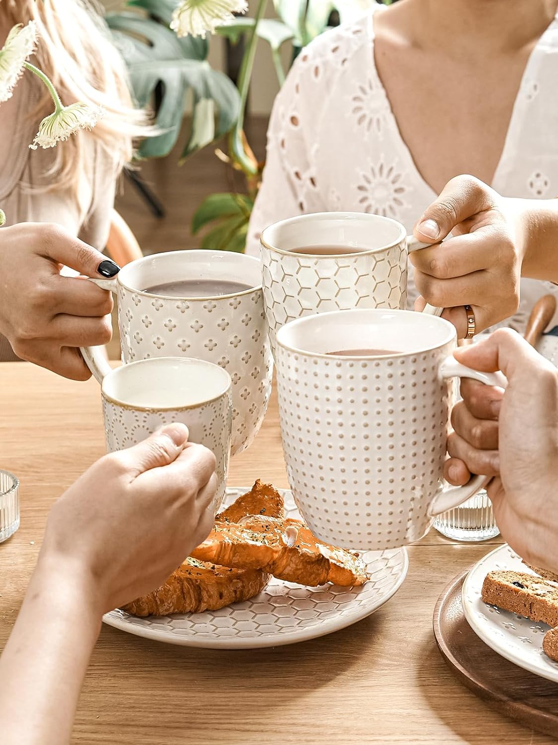 LE TAUCI Coffee Mugs 16 oz,Ceramic Mug Set, Embossment Cups for Latte, Hot Tea, Cappuccino, Mocha, Cocoa, Dishwasher Safe, Suit For Housewarming Wedding- 3.8 inch, Set of 4, Arctic White - Image 3