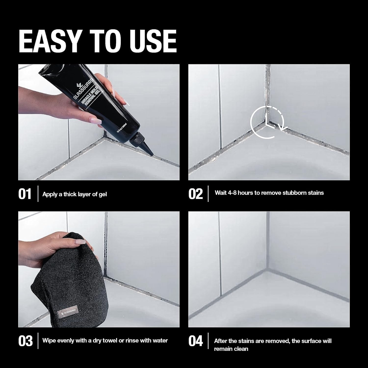 GlassGuard Miracle Mold Stain Remover Stain Gel – Heavy Duty Cleaning Gel for Grouts, Ceramic, Glass, Silicone, Caulk & More – Washing Machine Cleaner Front Loader (300 ml / 10 oz) - Image 4