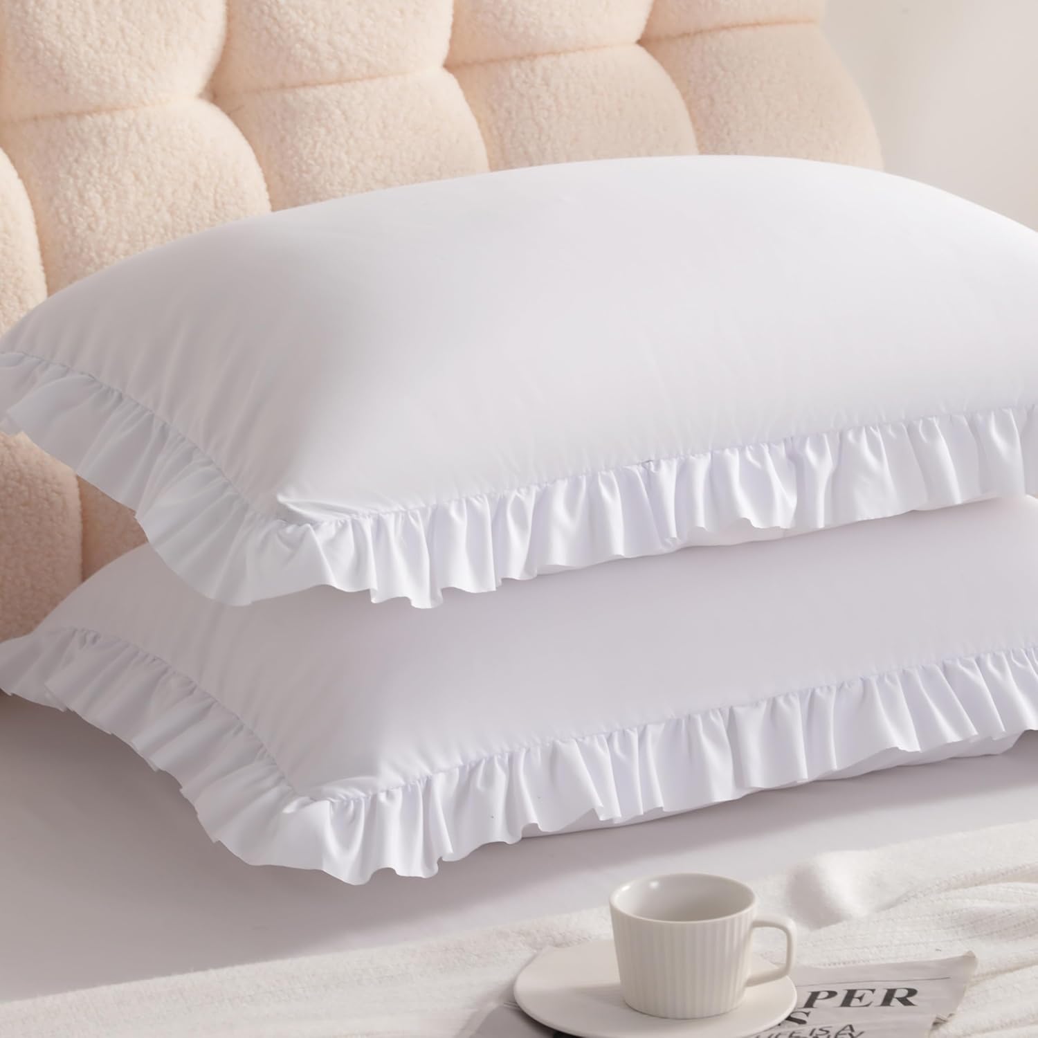 Ruffled Pillowcases, Standard Pillow Shams 20x26 Set of 2, Brushed Microfiber with Envelope Closure, Soft Wrinkle-Resistant, White - Image 2