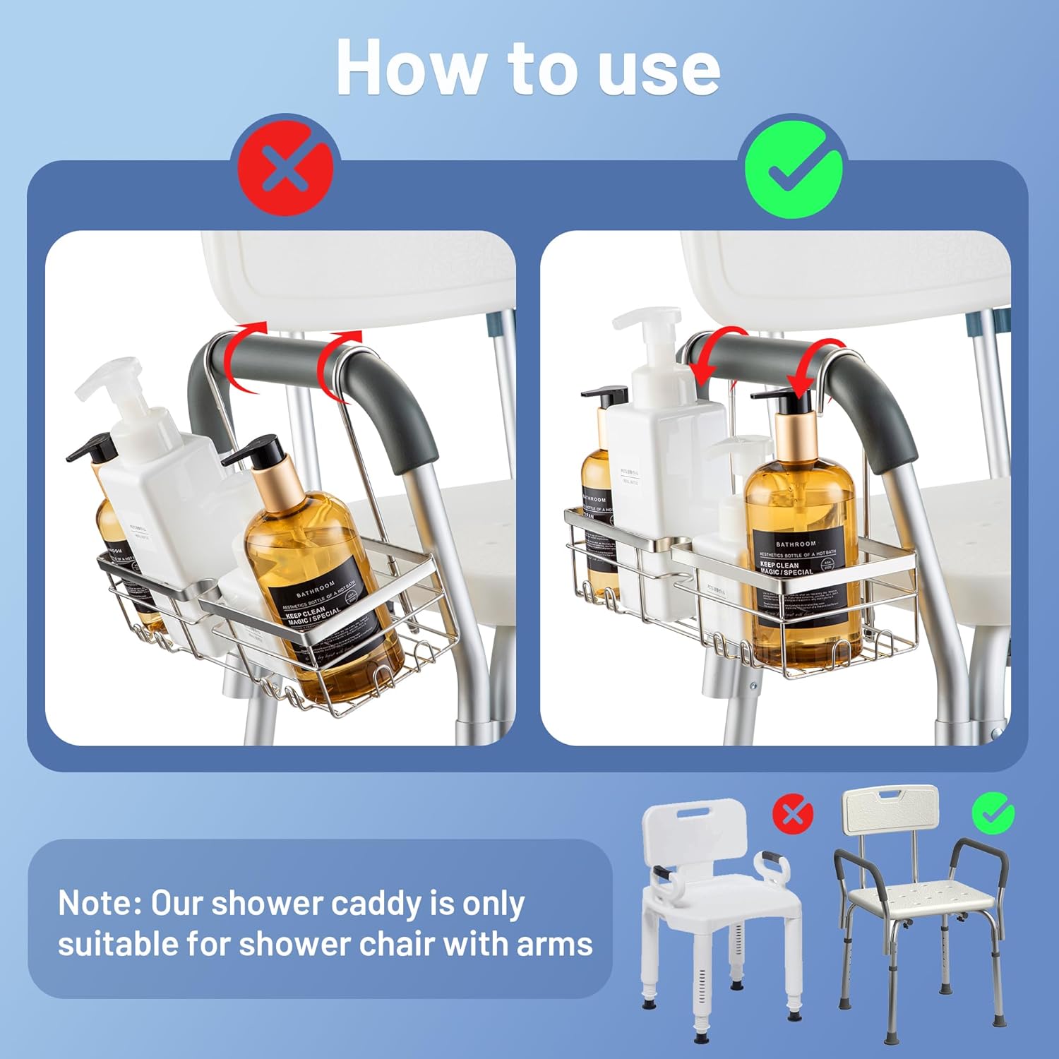 YUOROS Shower Caddy Hanging, 304 Stainless Steel Shower Organizer Rack for Shower Chair Bench for Elderly Seniors Disabled Handicap - Image 5