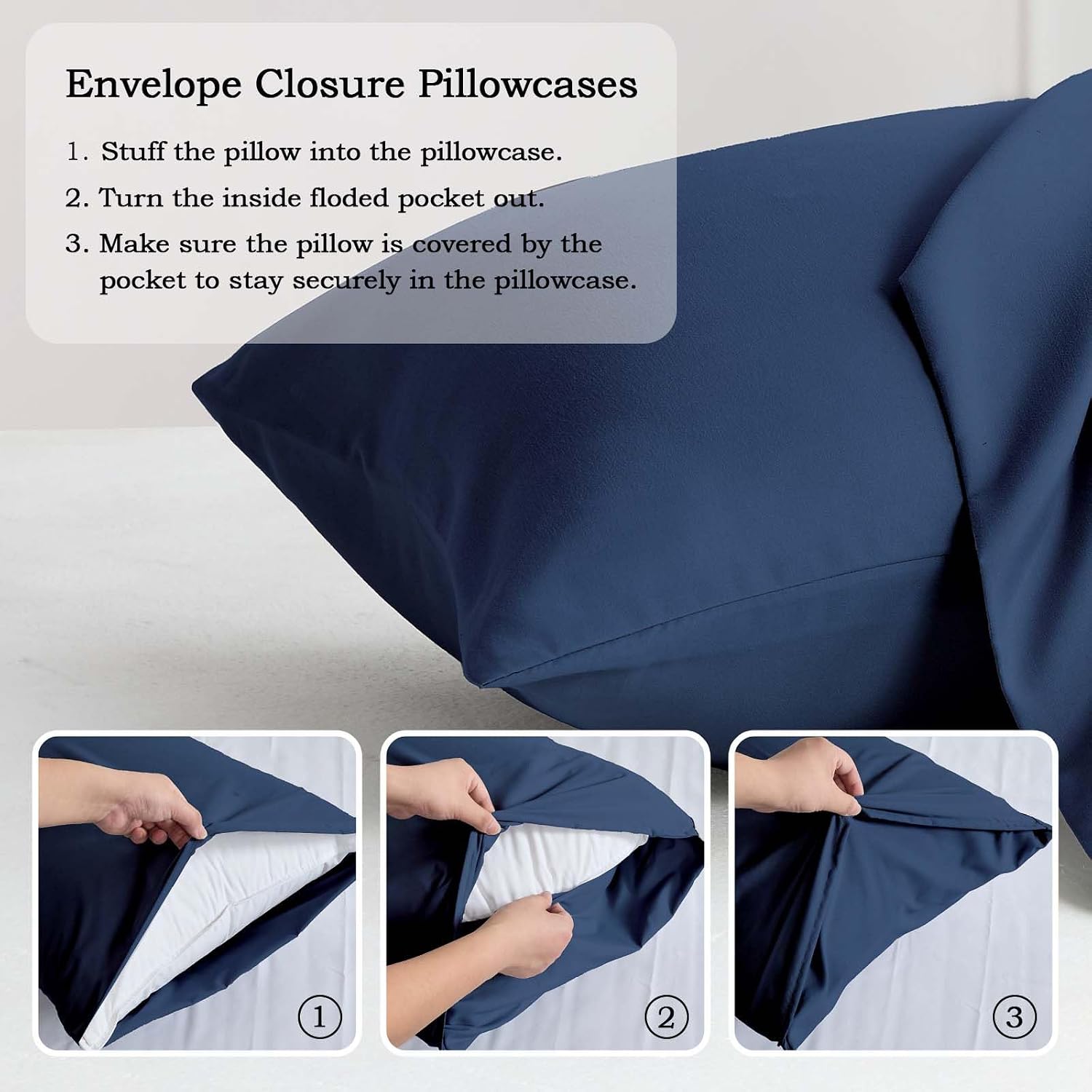 Q&J Fabric Co. Bedding Pillow Cases Standard Size set of 2 –Soft Brushed Microfiber Pillow Cover, Wrinkle-Free, Fade-Resistant, Envelope Closure Pillowcases Valentine Mother's Gift (20x26'',Navy Blue) - Image 5