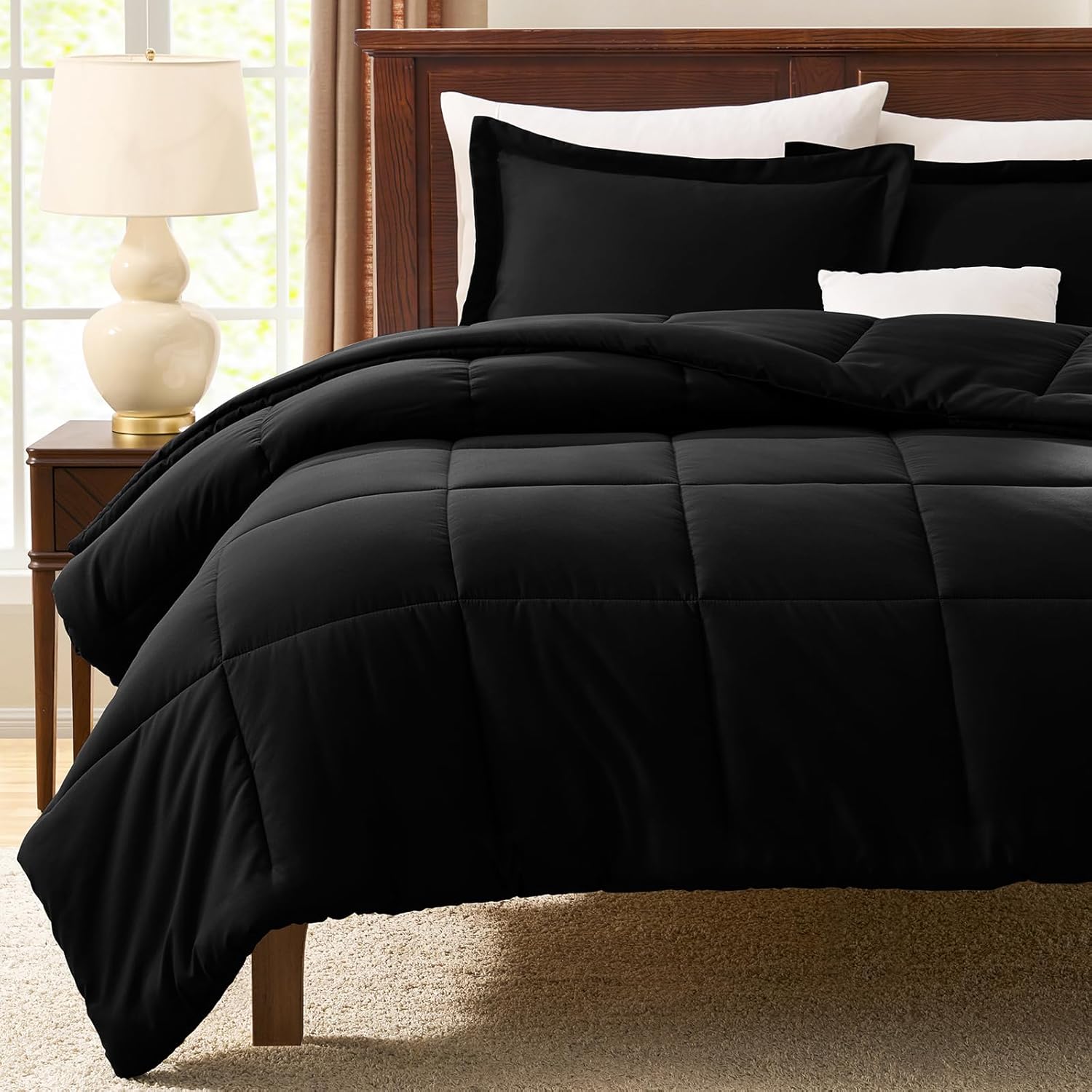 CozyLux Queen Comforter Set Black - 270GSM 3 Pieces Box Stitched Comforters Queen Size, Soft Bed Set for All Seasons, Lightweight Bedding Sets with 1 Down Alternative Comforter and 2 Pillow Shams - Image 8