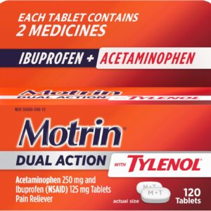 Motrin Dual Action with Tylenol, Ibuprofen & Acetaminophen Fast-Acting, Long Lasting Pain Reliever for Minor Aches & Pains, Ibuprofen (NSAID) 125 mg & Acetaminophen 250 mg, 120 ct