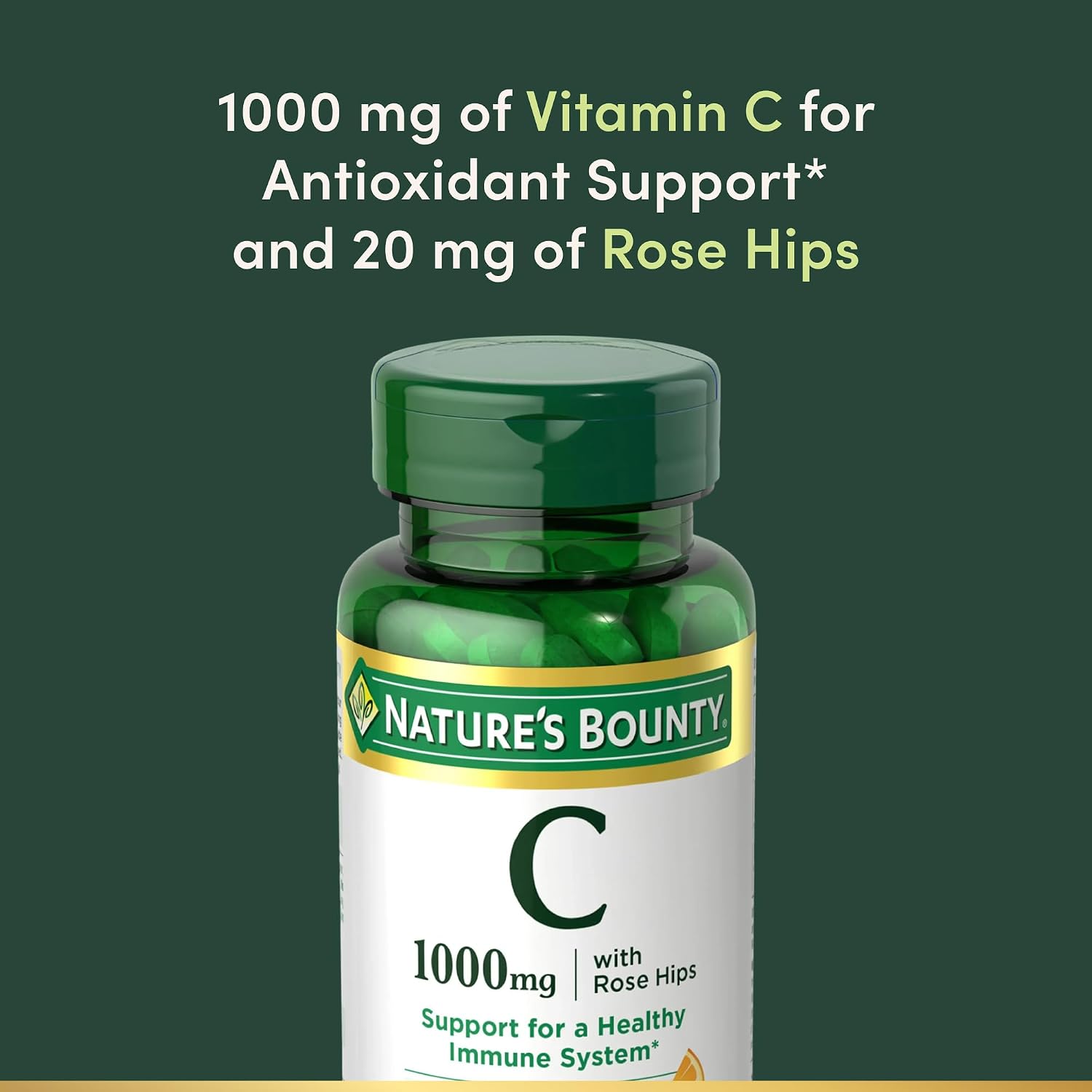 Nature’s Bounty Vitamin C + Rose Hips, Immune Support, 1000mg Vitamin C, Coated Caplets, 1 Serving per Day, Vegetarian Caplets, 100 Ct - Image 4