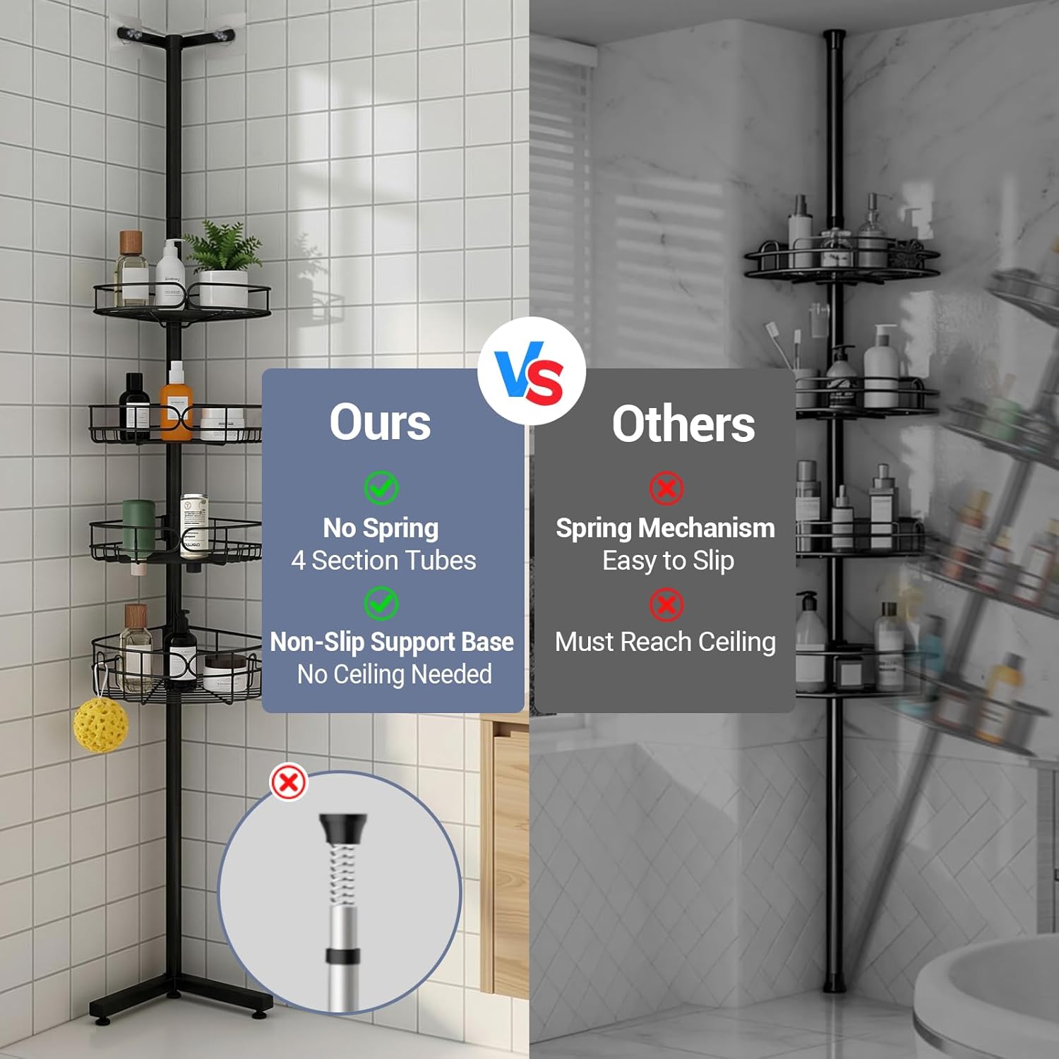 Standing Shower Caddy Corner, 4-Tier Adjustable Height Bathroom Organizer, 6-Section Pole, Sturdy Floor Standing Shelf for Shower – No Drilling, No Spring Tension - Image 3