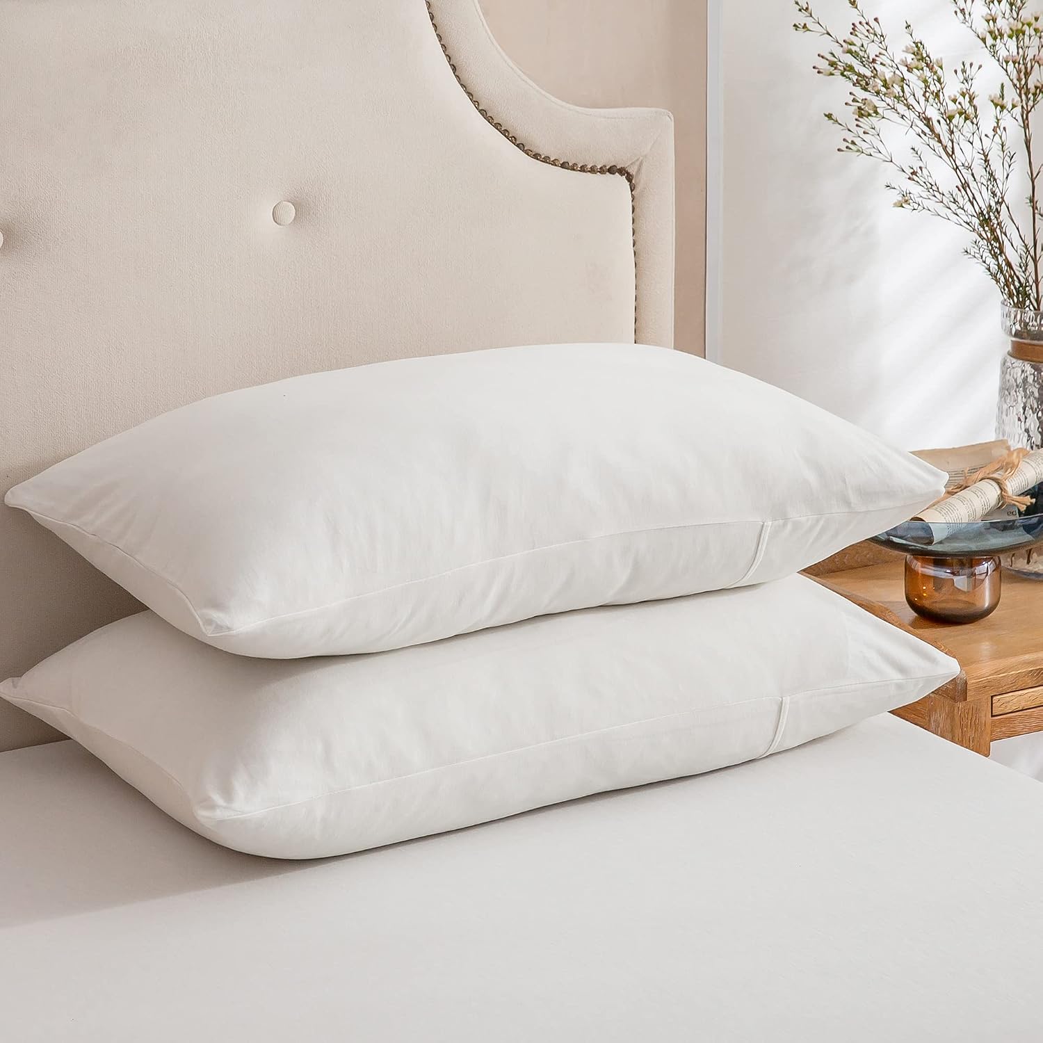 PURE ERA Jersey Knit Pillowcases 100% T-Shirt Cotton Super Soft Comfy Breathable, Set of 2, Standard 20" x 36", Solid Off White - Image 3