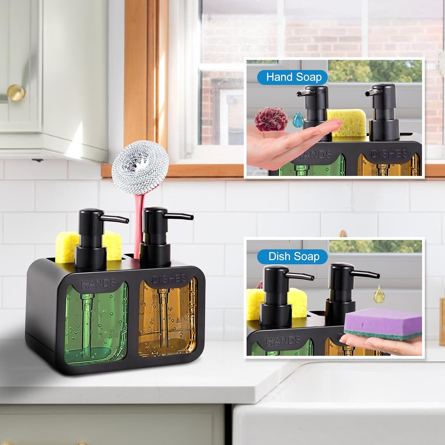 Kitchen Soap Dispenser Set, with Hand and Dish Soap, Sponge Caddy and Brush Holder 4-in-1 Kitchen Dual Soap Dispenser Set for Kitchen Sink, Bathroom - Black - Image 5