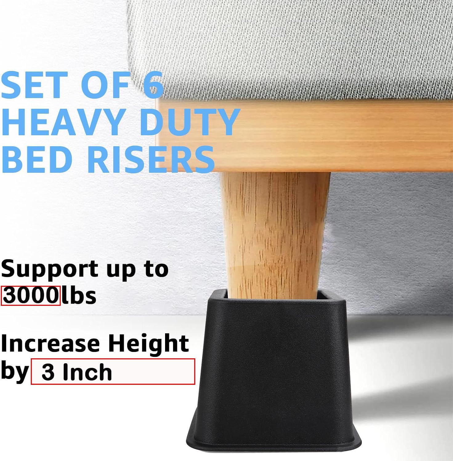 WOPPLXY 6 Pcs Bed Risers 3 Inch, Heavy Duty Furniture Risers, Bed Lifts Risers - Supports Up to 3300 lbs, Square Bed Frame Lifts Risers for Bed, Couch, Desk, Sofa, Chair, Table Legs Extenders - Image 4