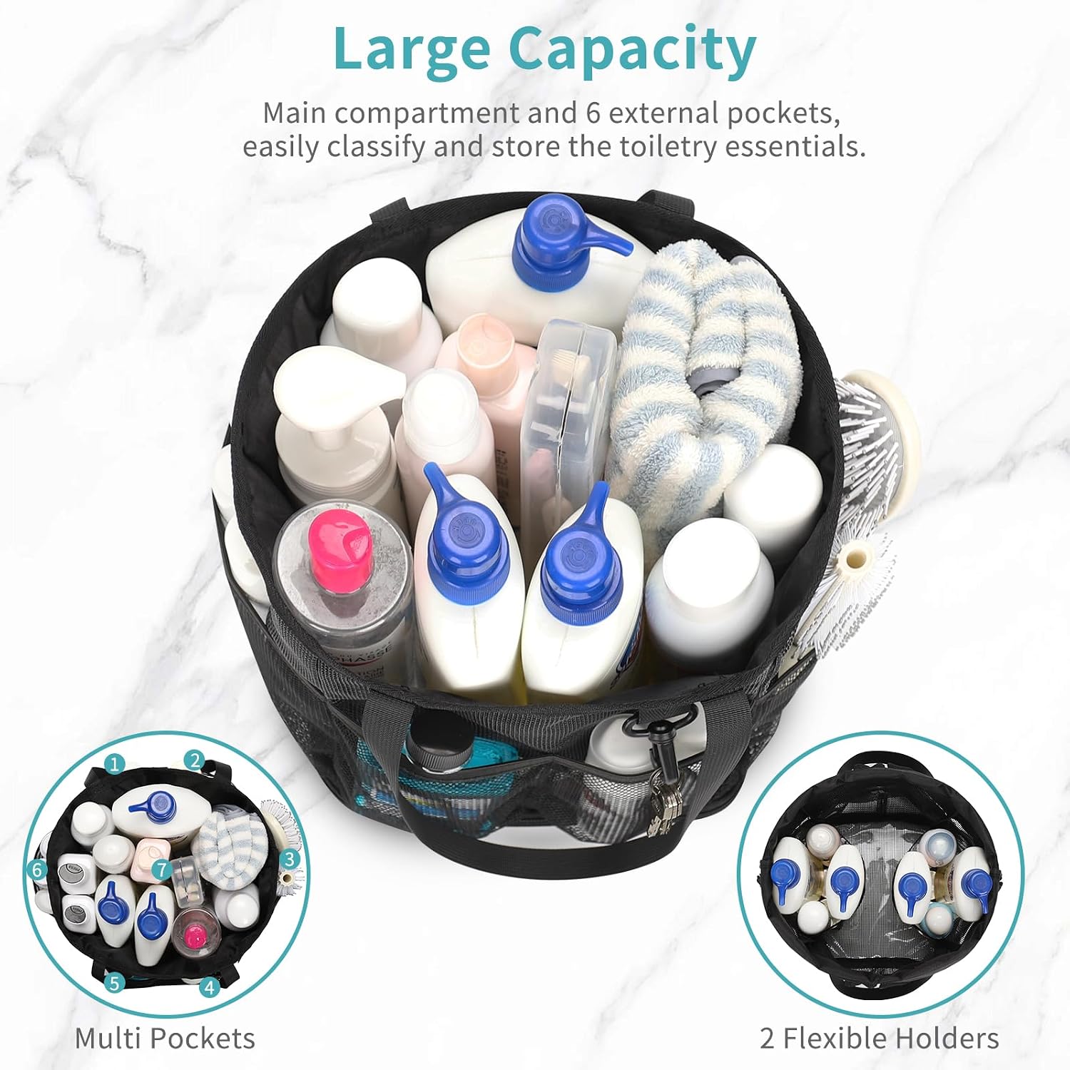 Mesh Shower Caddy Portable for College Dorm Room Essentials, Shower Tote Bag with Hanging Hook and Drawstring, Quick Dry Toiletry Bag with 6 Pockets for Bathroom, Swimming, Gym, Camping, Beach, Travel - Image 3