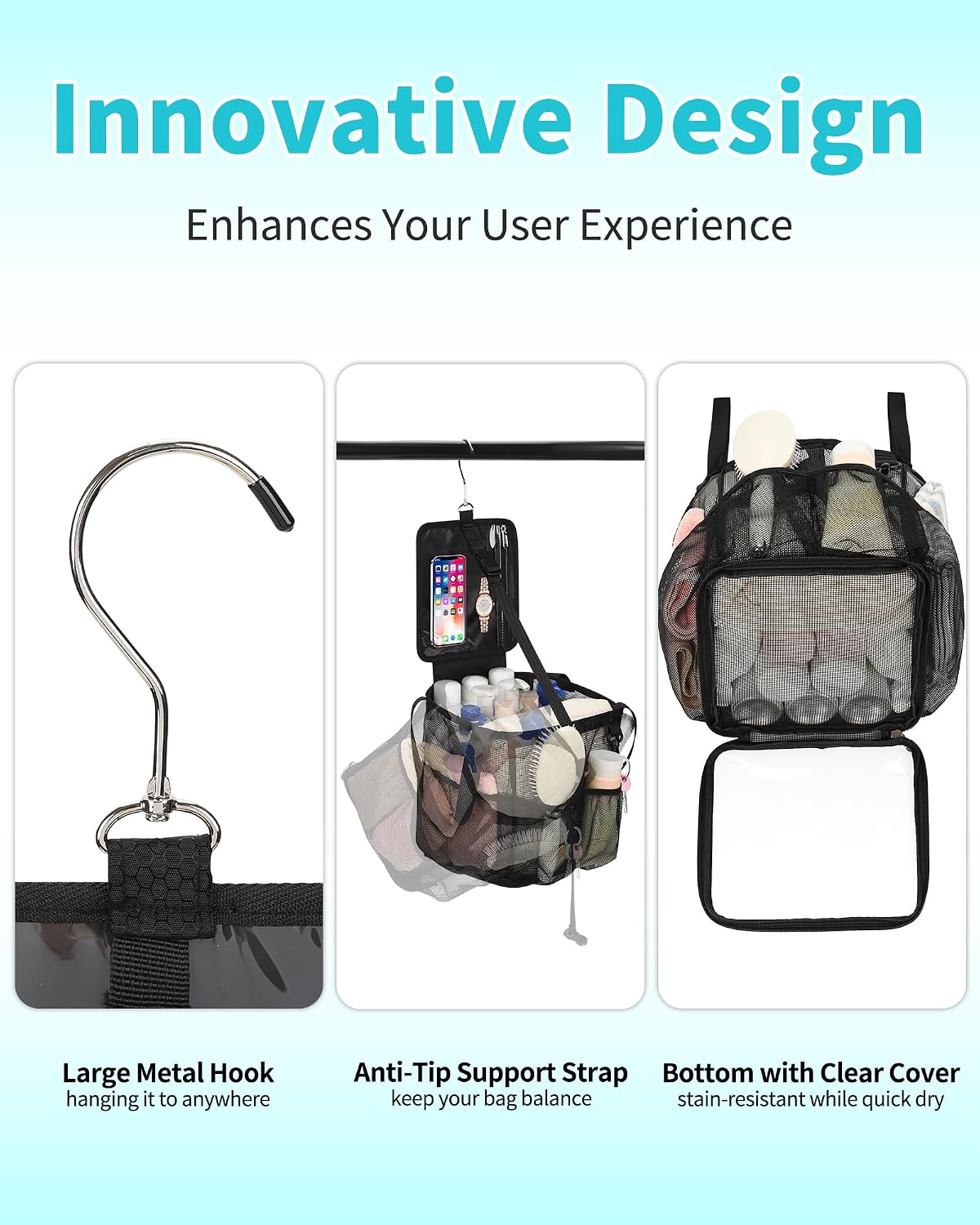 CUBETASTIC Mesh Shower Caddy Portable - Large Capacity Shower Tote for College Dorm Essentials, Bathroom, Gym, Camping, 360° Hanging Hook & 4 Pockets Travel Toiletry Bag (A# Black, 8.6"×8.6"×9.8") - Image 10