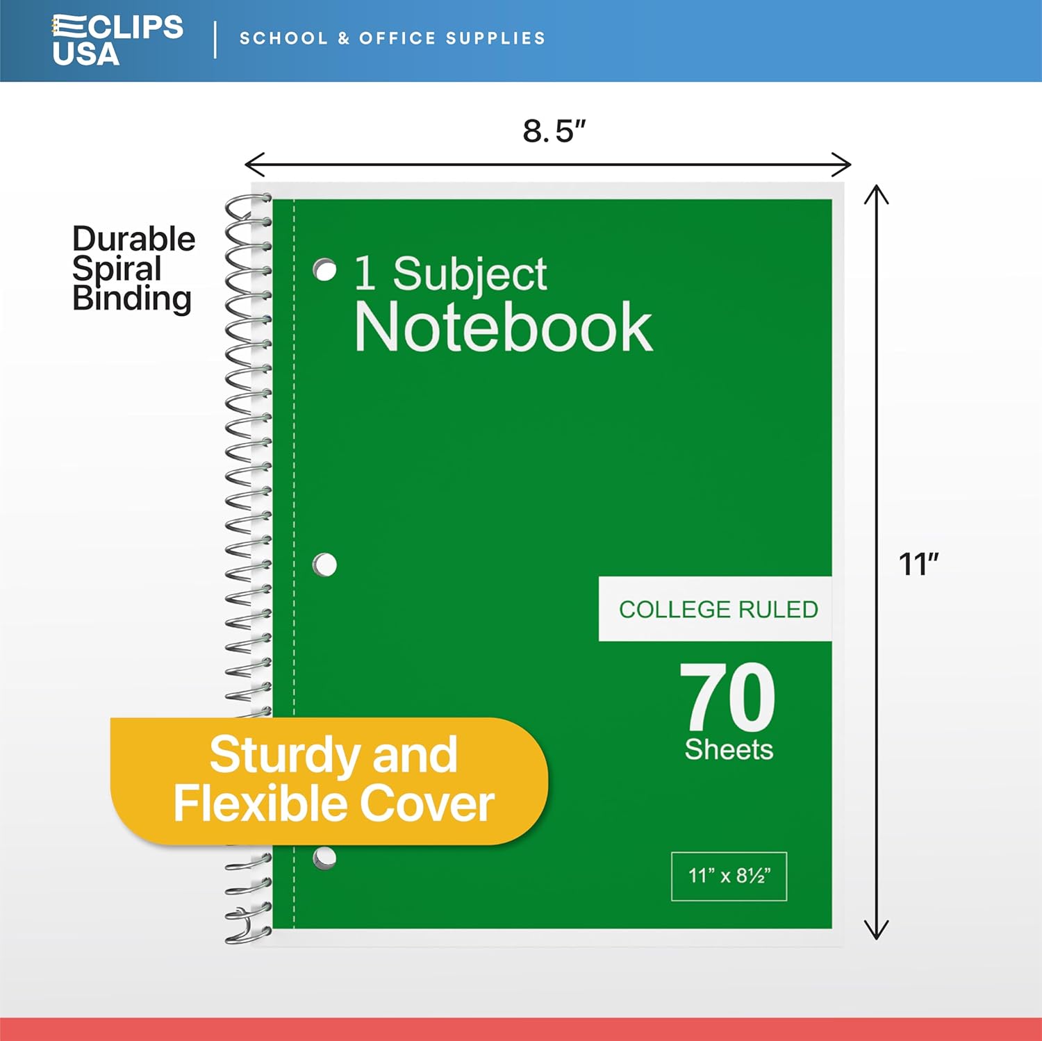 E-CLIPS USA College Ruled Spiral Notebooks Bulk Spiral Bound Notebooks for Work 1 Subject Notebook 100 sheets 200 pages 8.5" x 11" (6 pack) - Image 2