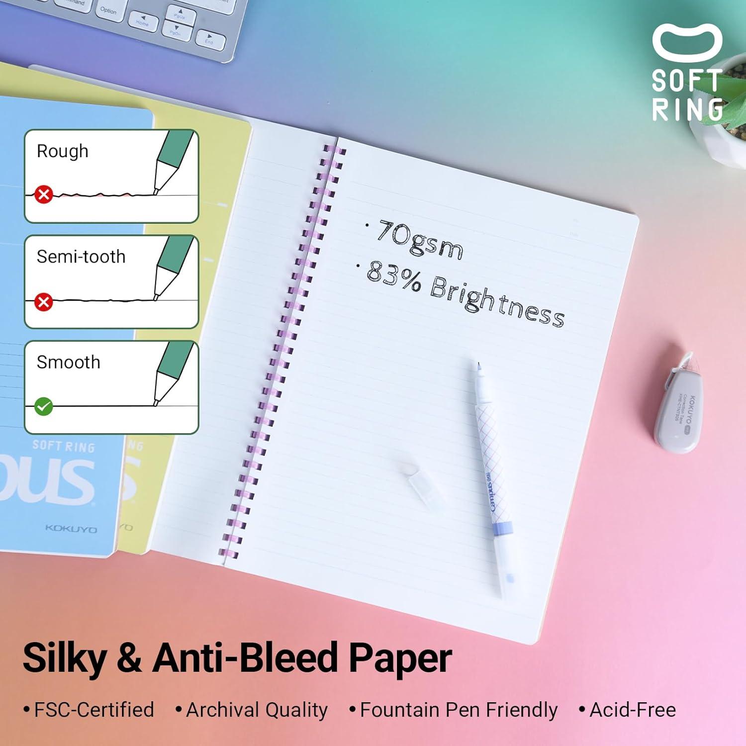 KOKUYO Spiral Lined Notebook, 5 Pack 10'' x 7'' Pastel Journal B5 Campus Soft Ring Notebooks with Dot 6 mm Ruled, 40 Sheets, 1 Subject Notebook, Note Taking for School (SU-S111BT) - Image 7