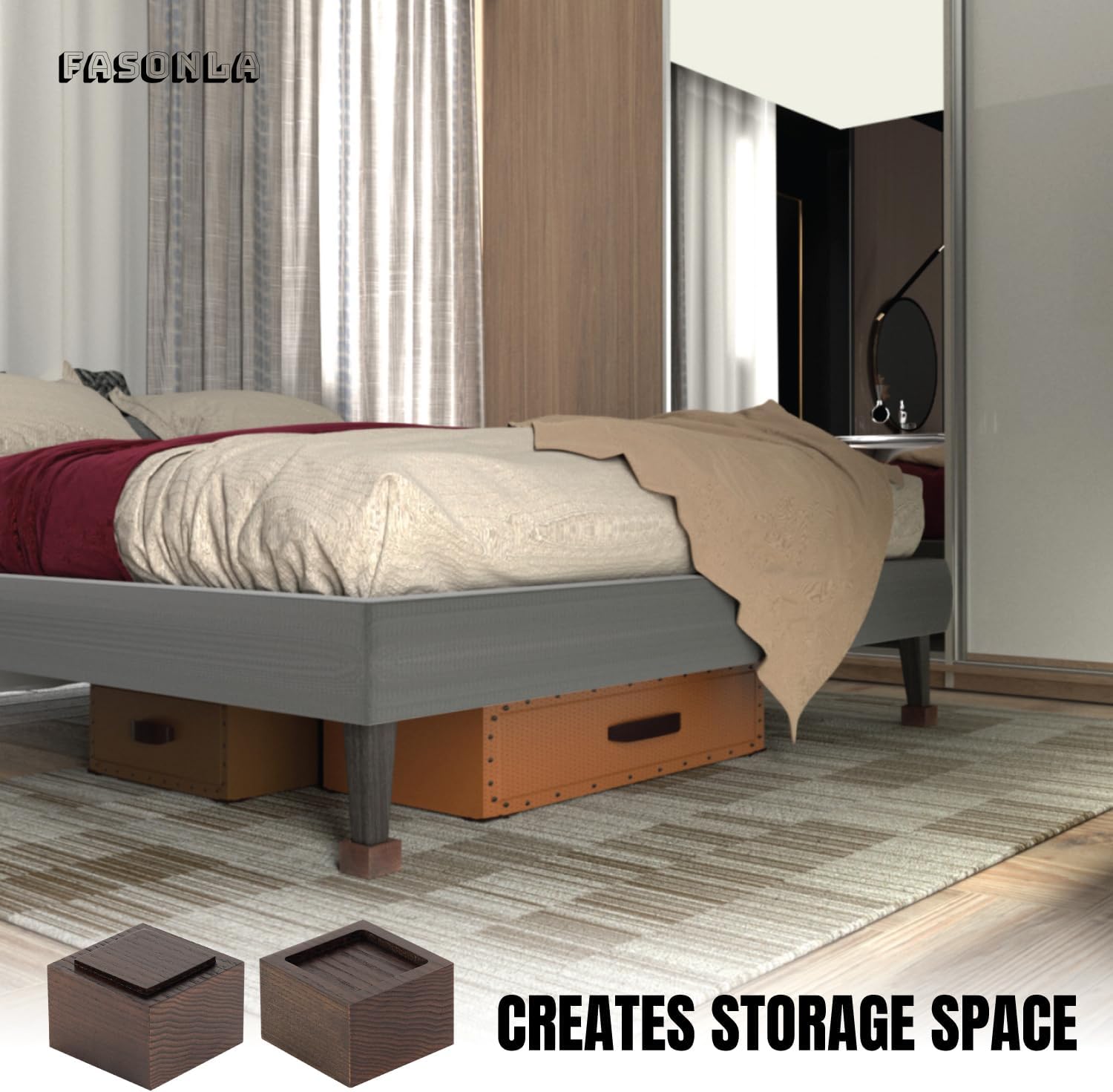 FASONLA Bed Risers (Set of 4) - Oak Solid Wood Furniture Risers Lifts Height 2" with Non-Slip Recessed Hole (4pcs-2" Hight-Walnut Color) - Image 6