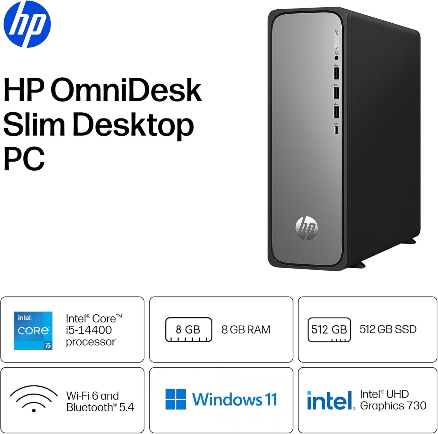 HP OmniDesk Slim Desktop PC, Intel Core i5-14400, 8 GB RAM, 512 GB SSD, Intel UHD Graphics 730, Windows 11 Home, Microsoft Copilot, Meteor Silver, S03-0012 (2026) - Image 3