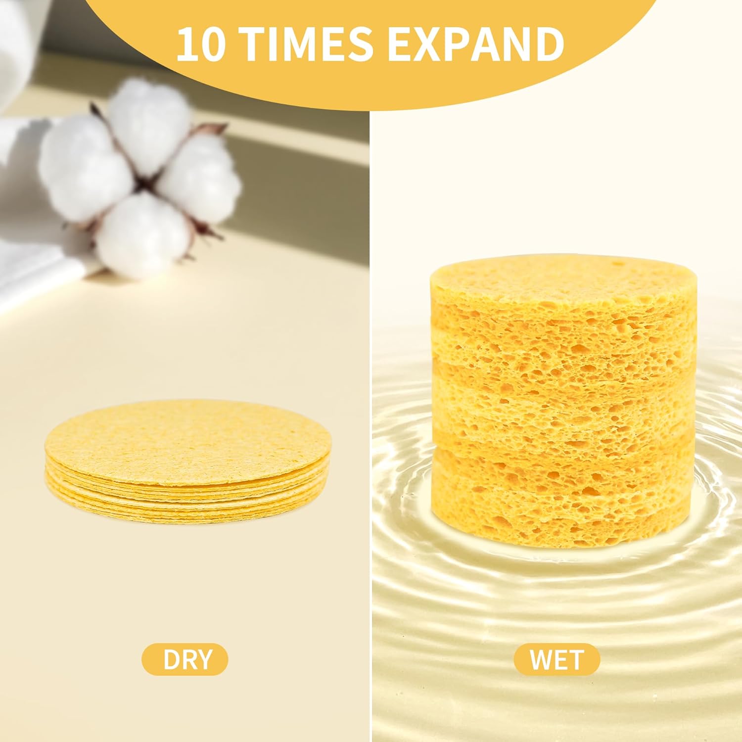 100-Count Compressed Facial Sponges, Natural Cosmetic Spa Sponges for Facial Cleansing, Exfoliating Mask, Makeup Remover, Travel Face Sponges - Yellow - Image 3