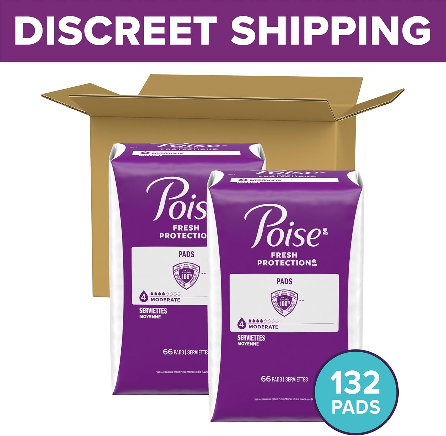 Poise Incontinence & Postpartum Pads for Bladder Leaks, 4 Drop Moderate Absorbency, Regular Length, 132 Count, Packaging May Vary - Image 2