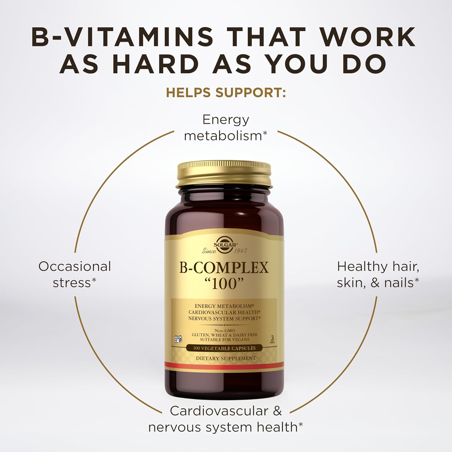 Solgar B-Complex "100", 100 Vegetable Capsules - Nervous System Support - Supports Energy Metabolism - Non-GMO, Vegan, Gluten Free, Dairy Free, Kosher - 100 Servings - Image 5