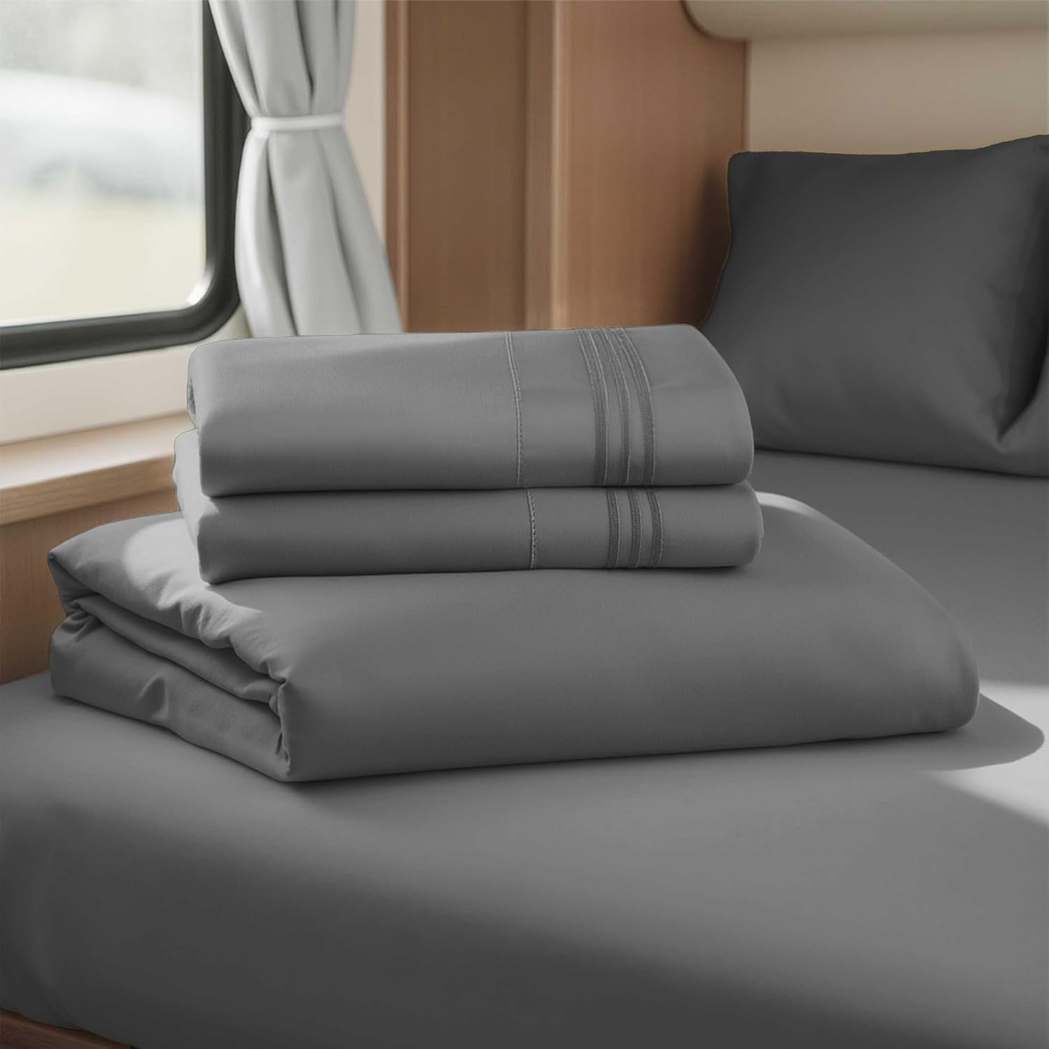 Hearth & Harbor Short Queen Sheets for RV, Dark Grey RV Queen Sheets, Silky Soft 1800 Microfiber Bed Sheet for Camper, 4 Piece RV Bedding with Pillowcases - Image 2