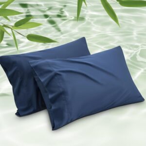 Bedsure Pillow Cases Queen, Cooling Pillow Cases, Rayon Derived from Bamboo Queen Pillowcases Set of 2, PureWoven Silky Soft Bedding Pillow Covers with Envelope Closure, Navy Blue, 20×30 Inches