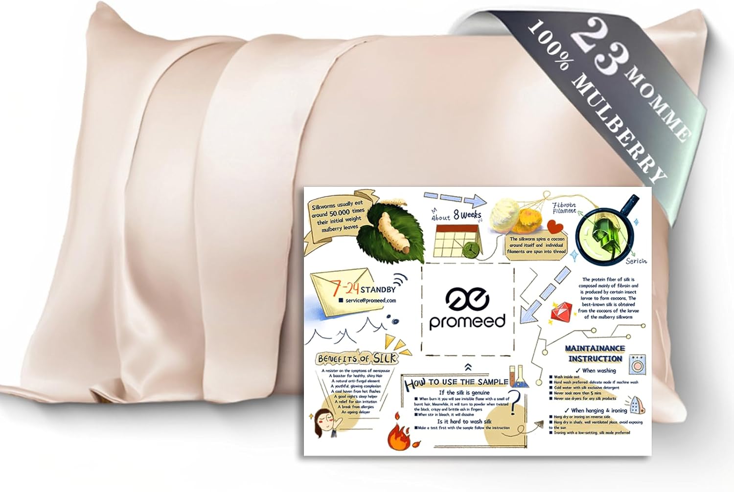 PROMEED 100% Mulberry Silk Pillowcase for Hair and Skin, Both Sides 23 Momme Grade 6A+ Silk Pillow Case with Hidden Zipper, 1400 TC, Soft & Smooth (Standard 20"x26", Champagne) - Image 2