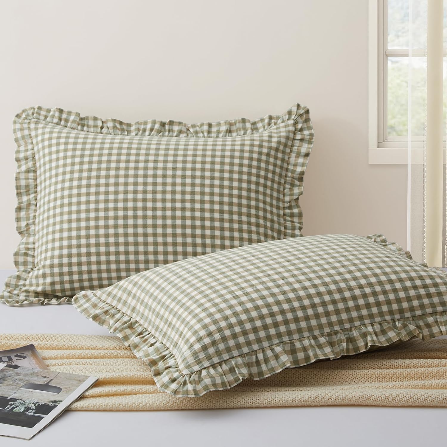 KKJIAF 2 Pcs Plaid Ruffle Pillow Case Standard Size, Ruffled Gingham Cotton Pillowcases 20x26 Inch, Linen Feel Plaid Bed Pillow Shams with Envelope Closure for Sofa Bed (Sage Green Plaid) - Image 2