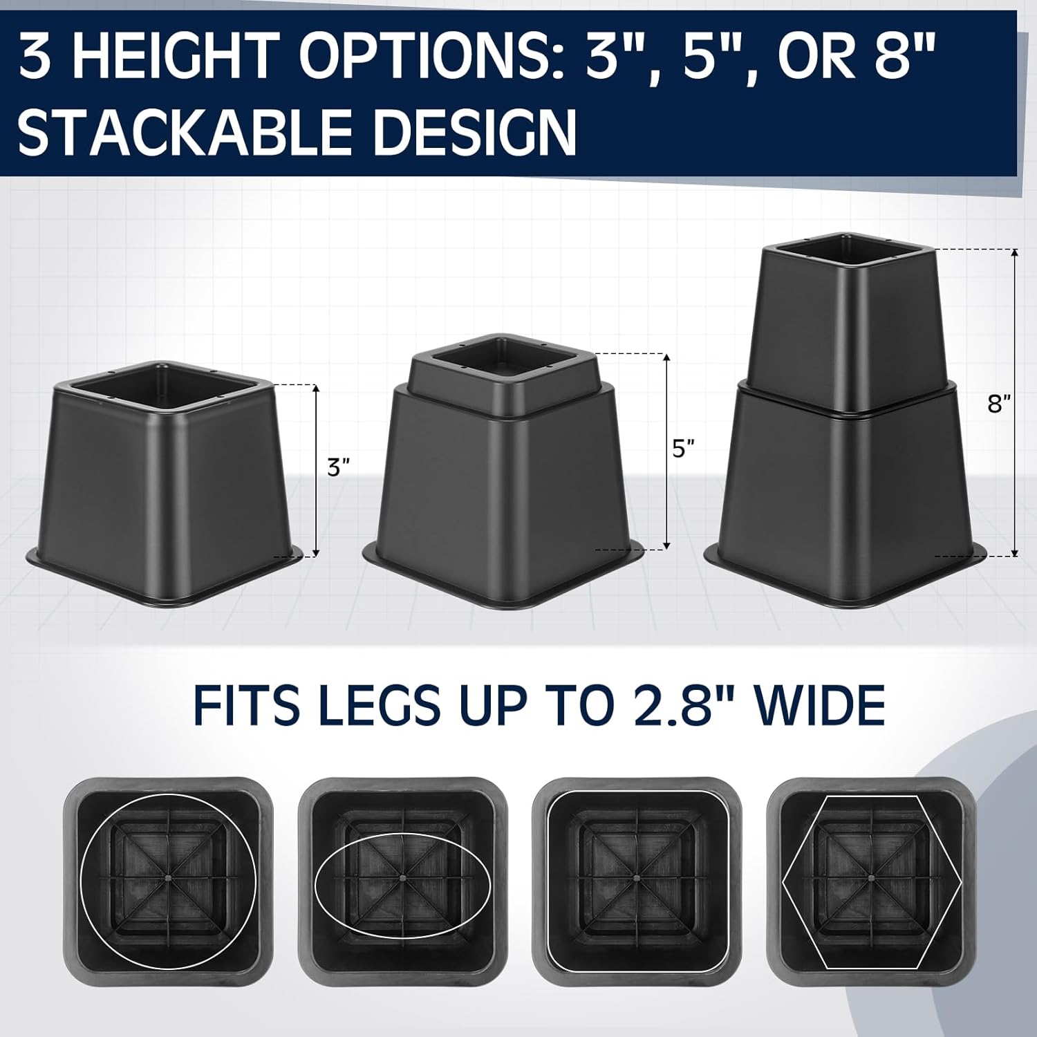 6 Pack Adjustable Bed Risers 3 & 5 Inch Stackable or 8 Inch Combined Heavy Duty Furniture Risers for Sofa Desk Legs Increase Under Bed Storage, Supports Up to 1300lbs - Image 3