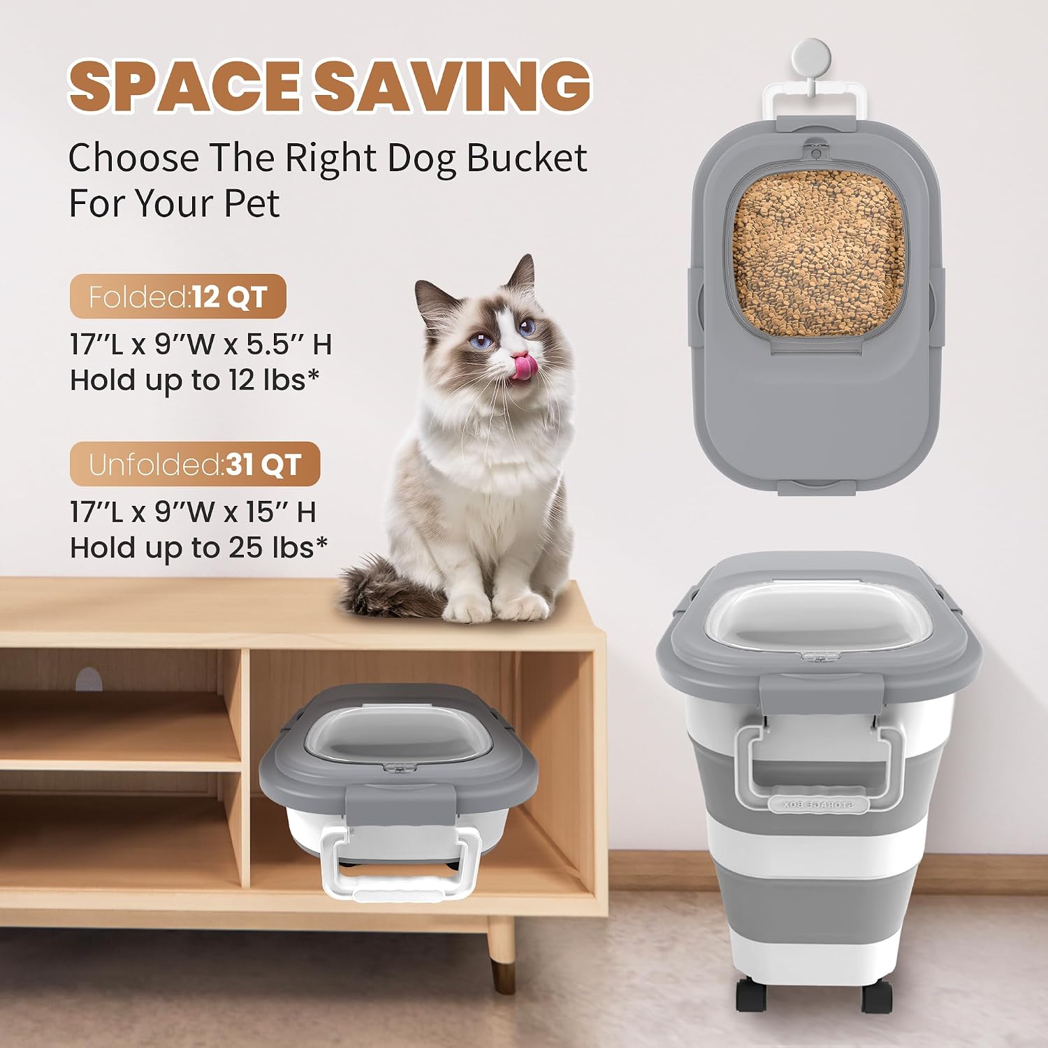 23-25 Lbs Airtight Dog Food Storage Container,Collapsible Dog Food Container with Lid,Wheels,Handle,Large Pet food storage Container with Scoop,Small Food Container for Dog Cat - Image 6