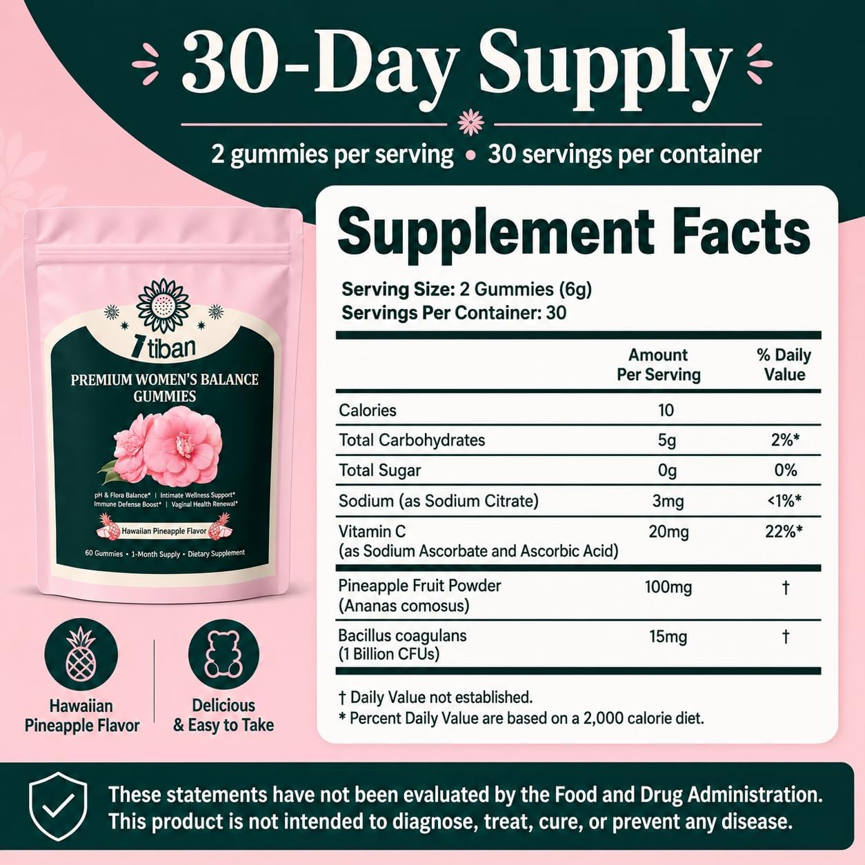 Pineapple Gummies for Women pH Balance, Feminine Probiotics for Vaginigal Health, Nutrition Feminine Gummies, Immune Support, Vegan, Gluten-Free, Hawaiian Pineapple 60 Gummies 30 Servings - Image 9
