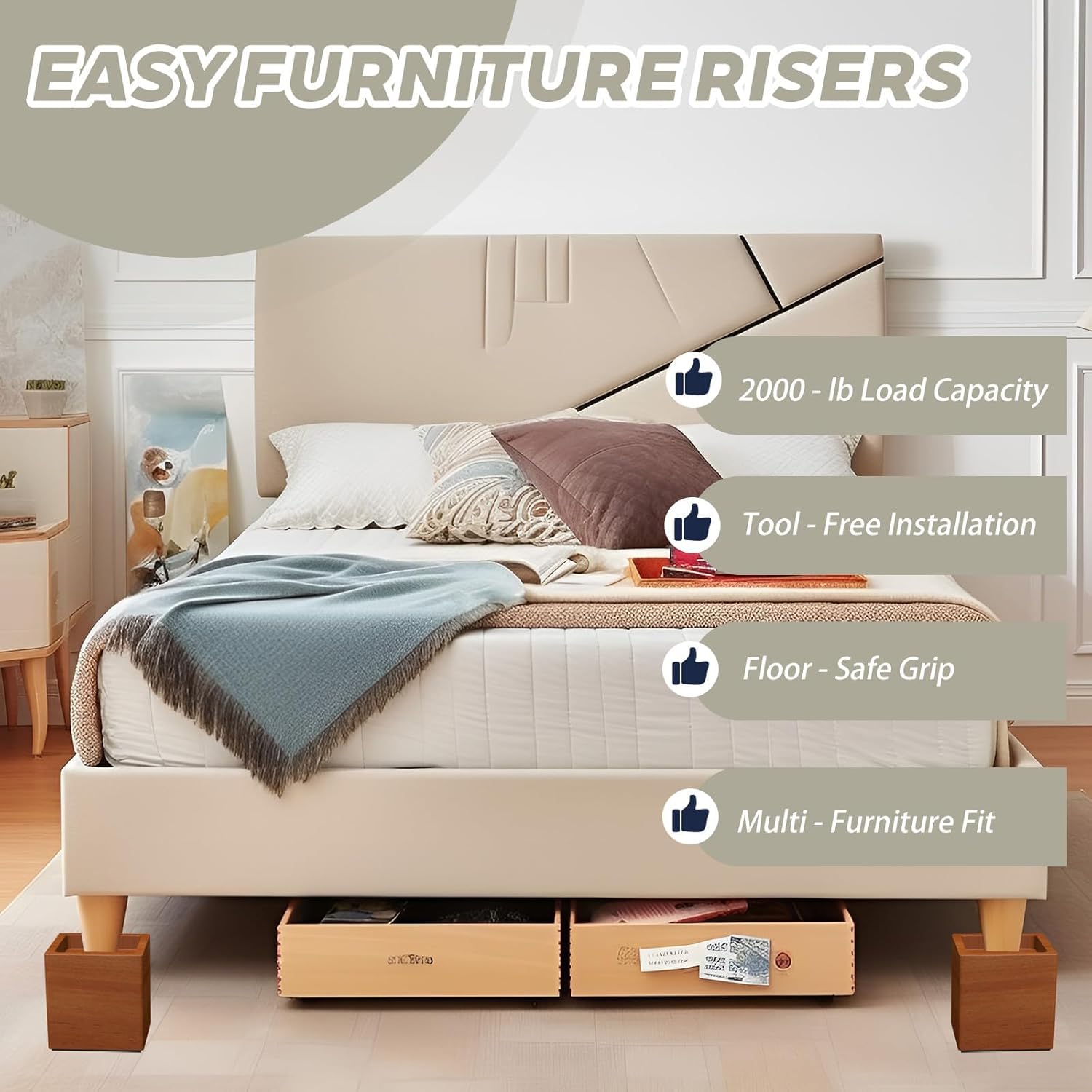 4-Inch Solid Pine Furniture Risers – 2000LBS Capacity, Tool-Free Install, Natural Wood Design for Beds, Sofas & Desks (4 Inch) - Image 6
