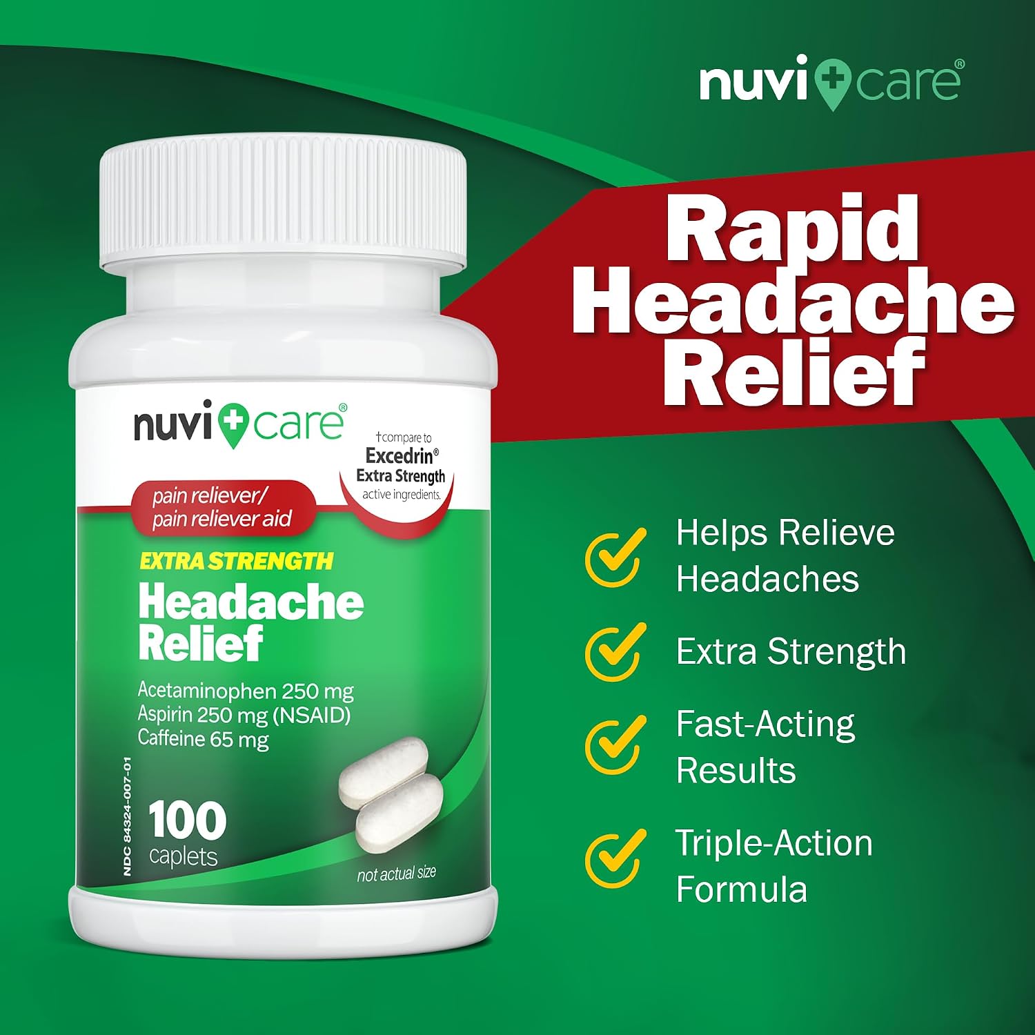 NUVICARE Headache Relief with Acetaminophen 250 mg, Aspirin (NSAID) 250 mg, Caffeine 65 mg - Temporary Relief of Minor Aches & Pains - Compare to Excedrin Extra Strength Pain Reliever (100 Caplets) - Image 3