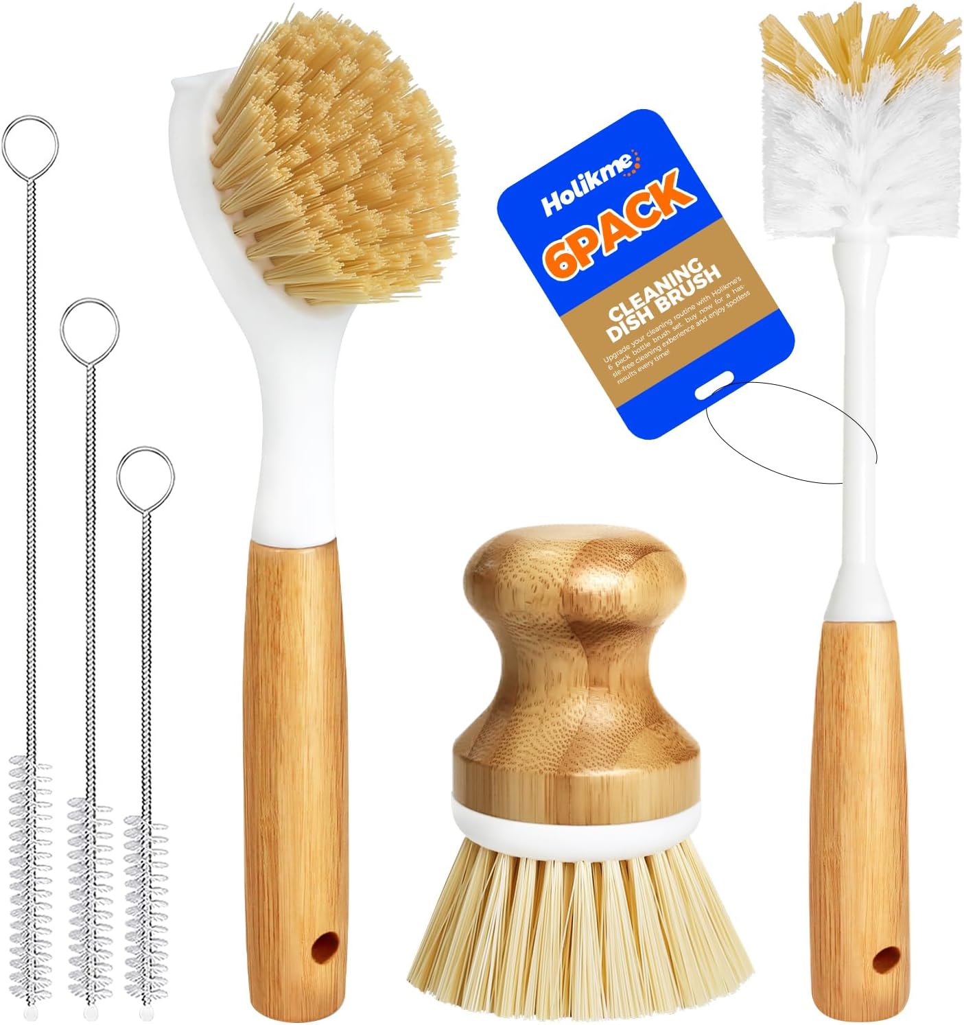 Holikme 6 Pack Dish Brush Scouring Pad Set with Bottle Brush, Dish Brush, Palm Scrub Brush and Straw Brush, Dish Scrubber Long Handle for Dish Bottle Cup Skillet Wok Pot Pan Cast Iron, Yellow - Image 2