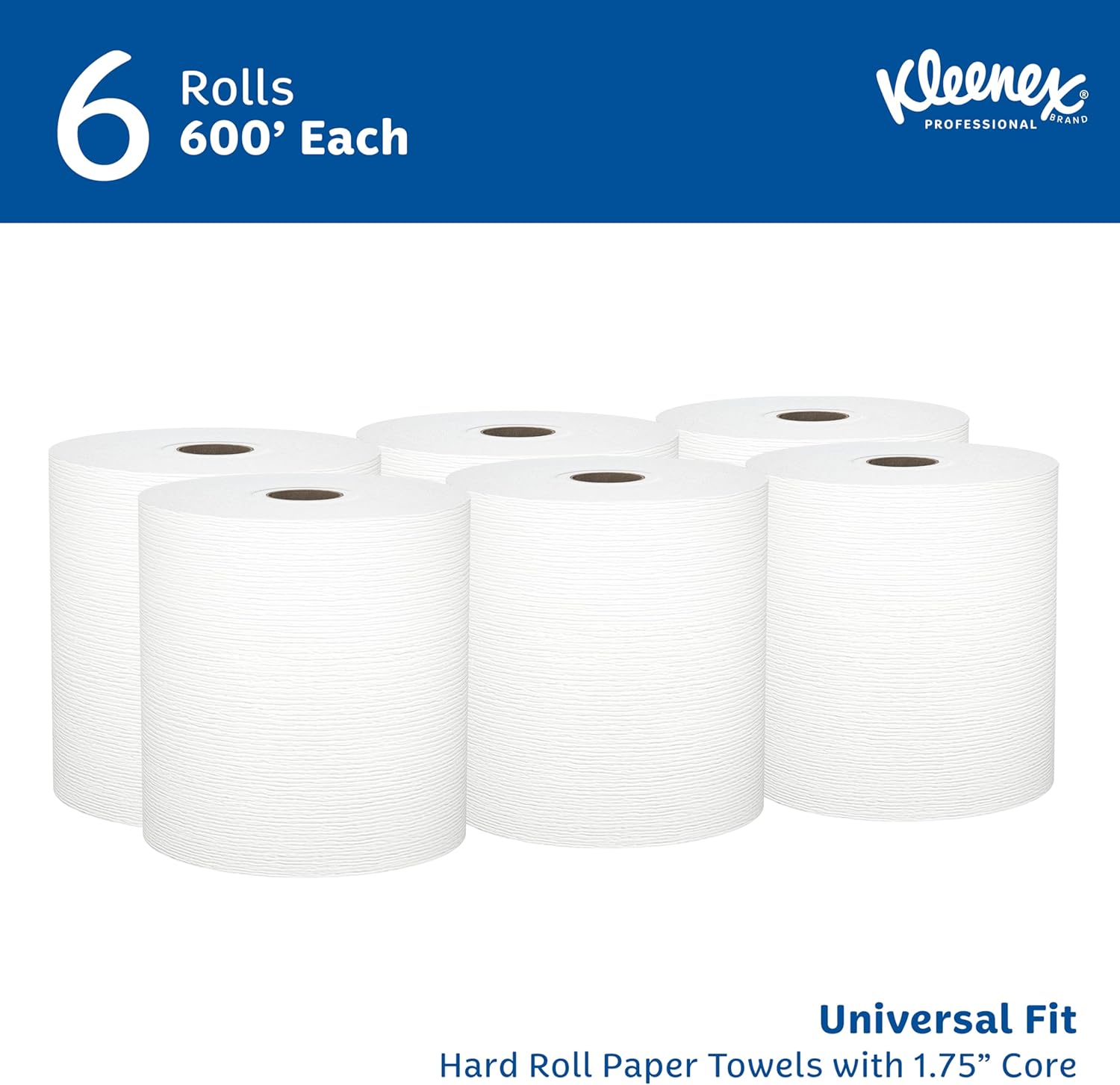 Kleenex® Universal Hard Roll Paper Towels, Bulk (50606), Hardwound 1.75" Core, Premium Absorbency Pockets™, White, (600'/Roll, 6 Rolls/Case, 3,600'/Case) - Image 2