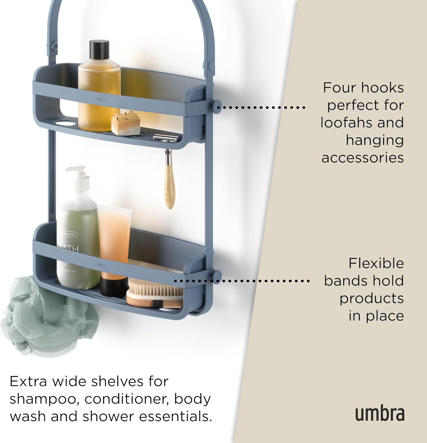 Umbra Flex Hanging Shower Caddy with 2 Shelves, Bathtub Shelf and Bathroom Organizer, Slate Blue - Image 6