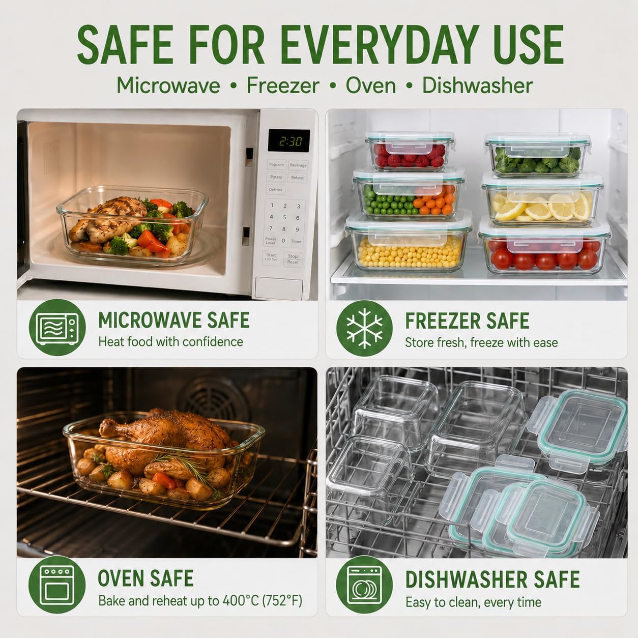 Melovom 8 Pack Glass Food Storage Containers with Lids, Airtight Glass Meal Prep Containers Set, Borosilicate Glass Food Storage Containers, BPA-Free Lids, Microwave, Oven, Freezer & Dishwasher Safe - Image 6
