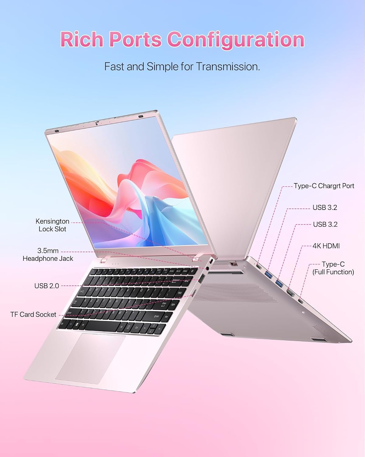 2026 Pink Laptop, Pentium Gold 6500Y Processor(Up to 3.4 GHz),12GB RAM 128GB SSD,15.6 Inch FHD IPS Display, 5000mAh Battery,Type-C,Portable Laptops Computer for Business Office - Image 4
