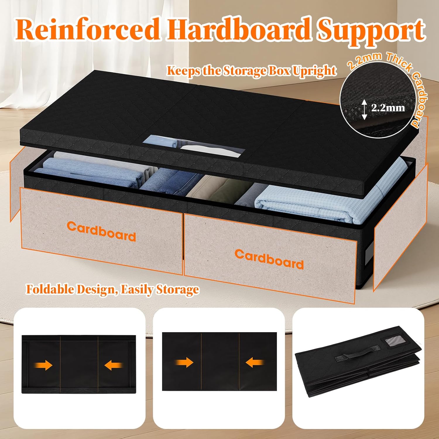StoreHappily Under Bed Storage Containers with Lids - 2 Pack, Foldable and Stackable Clothes Storage Bags with Clear Window, 3-Sided Handles and Label Slot for Clothing, Blankets, Pillows (Black) - Image 5