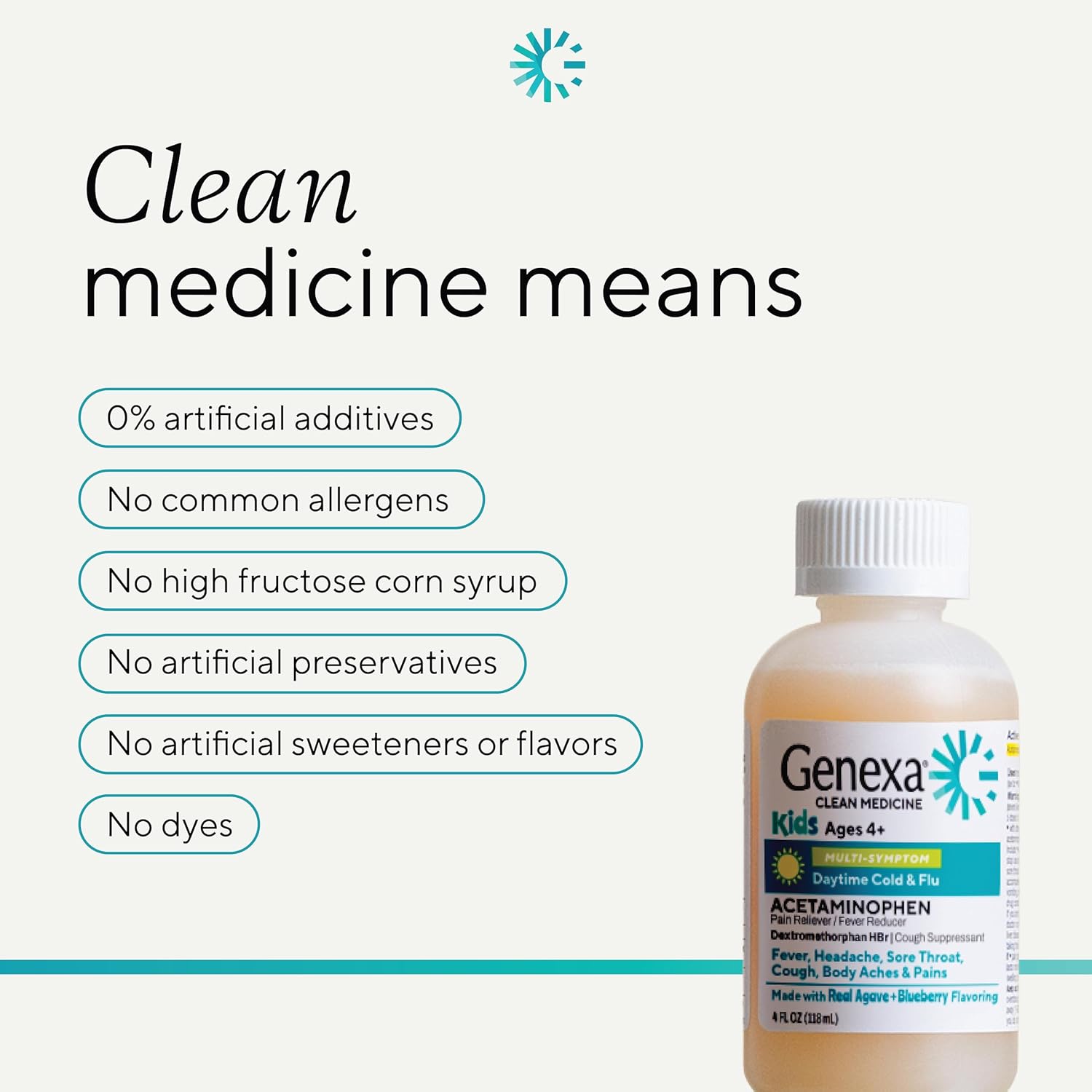 Genexa Kids' Clean Cold & Flu Relief Day/Night Multi-Symptom, Dye Free, 0% Artificial Additives, Children's Liquid Pain, Fever & Cough Medicine, Ages 4-11, Organic Blueberry Flavor, 8 fl oz (2 Pack) - Image 6