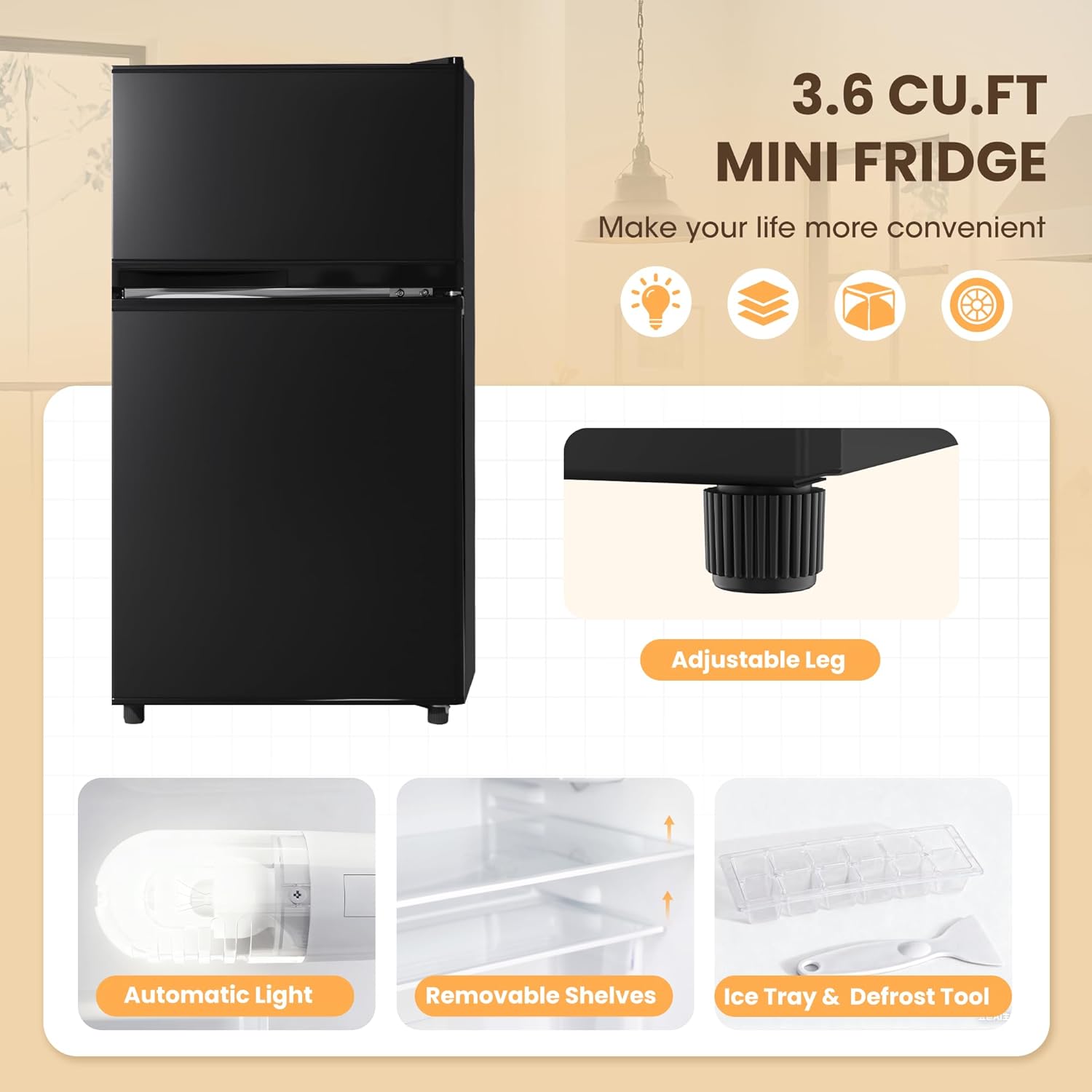 Manastin 3.6 Cu.Ft Mini Fridge with Freezer, 2-Door Small Refrigerator with Adjustable Thermostat, Quiet Mini Refrigerator for Bedroom, Dorm & Office (Black) - Image 3