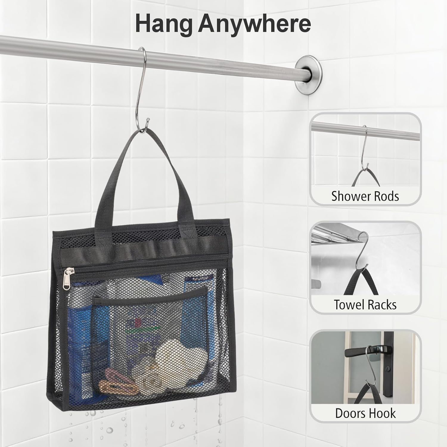 F-color Mesh Shower Caddy Portable Hanging - 3 Pockets Small Shower Bag Tote with Zipper Closure for Camping, Gym Lockers, Travel, Toiletry, Quick Dry Bathroom Essentials with S Hook, Black - Image 8