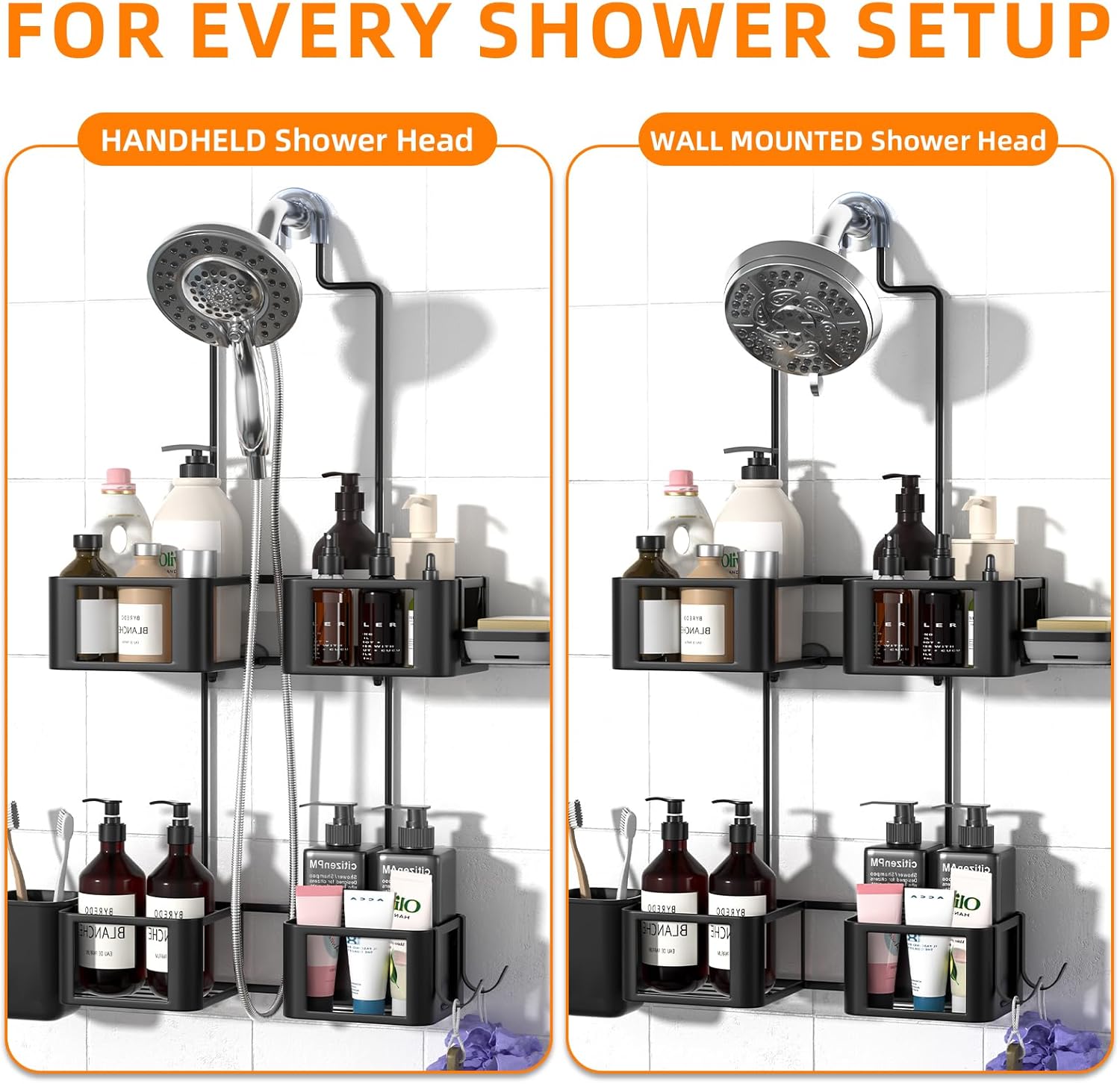 Epicano Hanging Shower Caddy for Handheld Showerheads, Anti-Swing Overhead ShowerCaddy with Removable Hooks & Holders for Razor, Sponge, Soap & Toothbrush, Stainless Steel, Black - Image 8