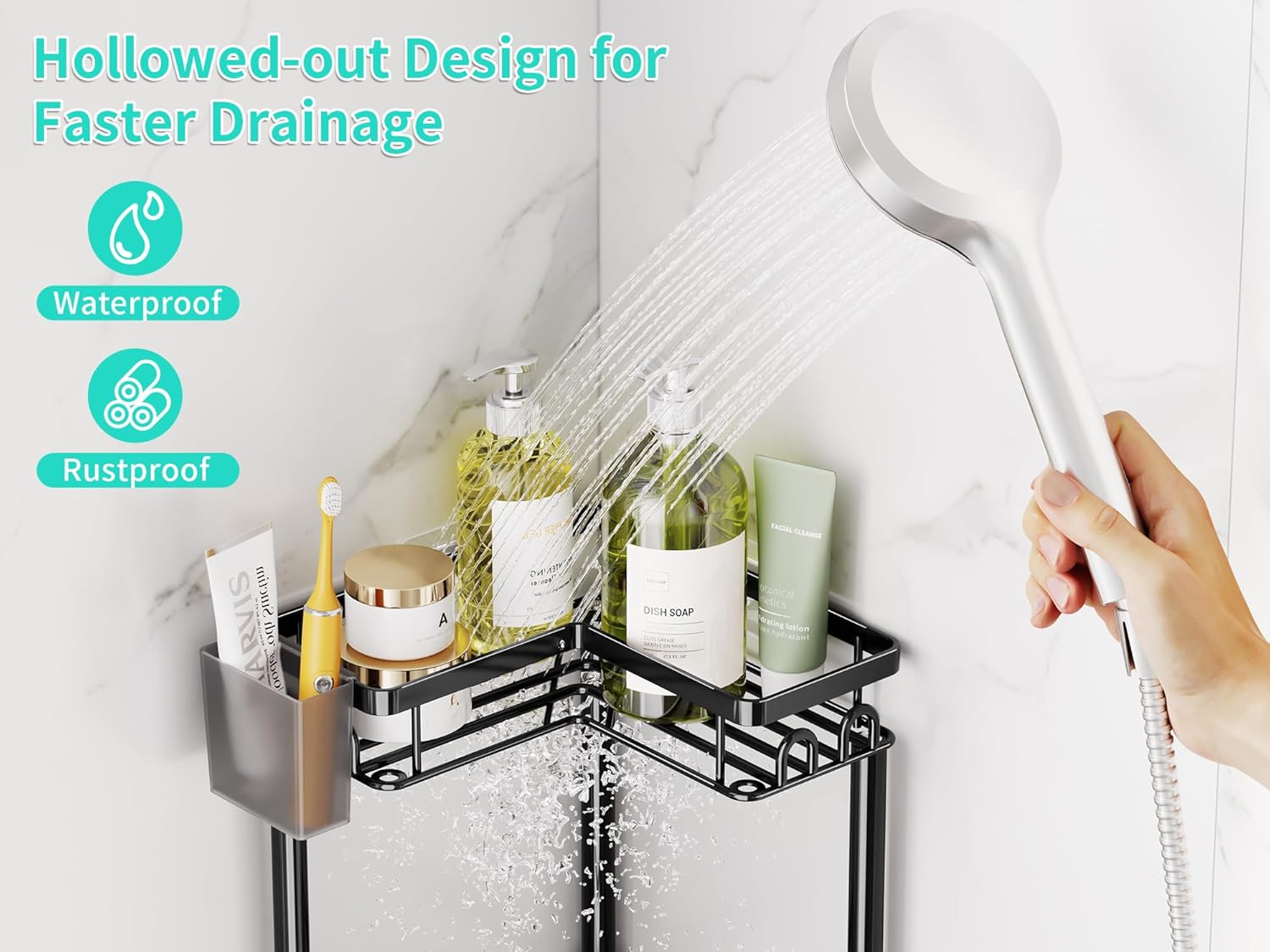 HapiRm Standing Shower Caddy Corner - 3 Tier Corner Shower Organizer with Toothbrush Holder and 12 Hooks, Large Capacity Rustproof Bathroom Shelves for Tall Bottles, Black - Image 4