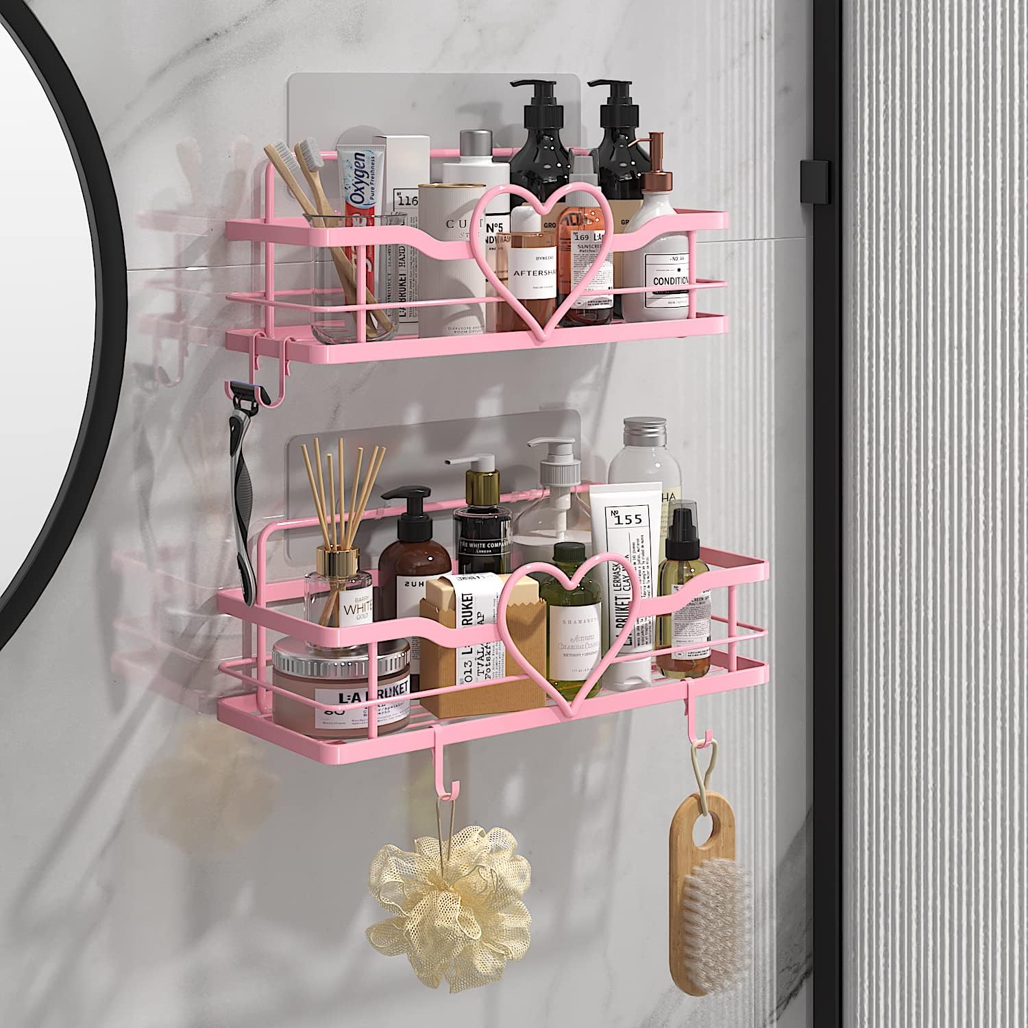 Pink Shower Caddy with 4 Removable Hooks, 2 Pack Sweet Heart Shower Shelves,No Drilling Adhesive Organizer Shelf for Bathroom Shower,Kitchen,Bedroom - Image 3