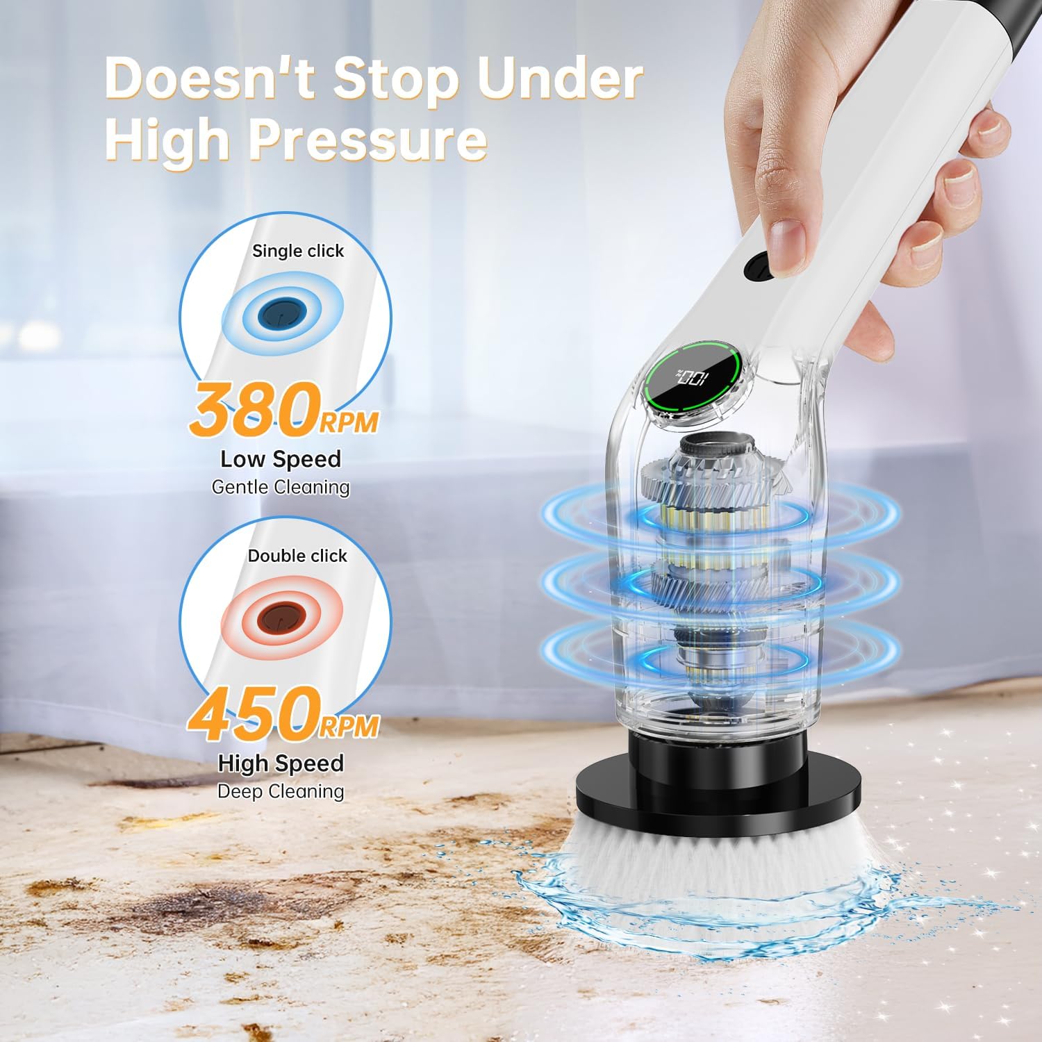 PUFTEM Electric Spin Scrubber, Cordless Shower Scrubber with 8 Scrub Brush, 2 Speed with Adjustable Extension Handle, Battery Level Display, Power Scrubber for Bathroom Bathtub Tile Floor (Black) - Image 5