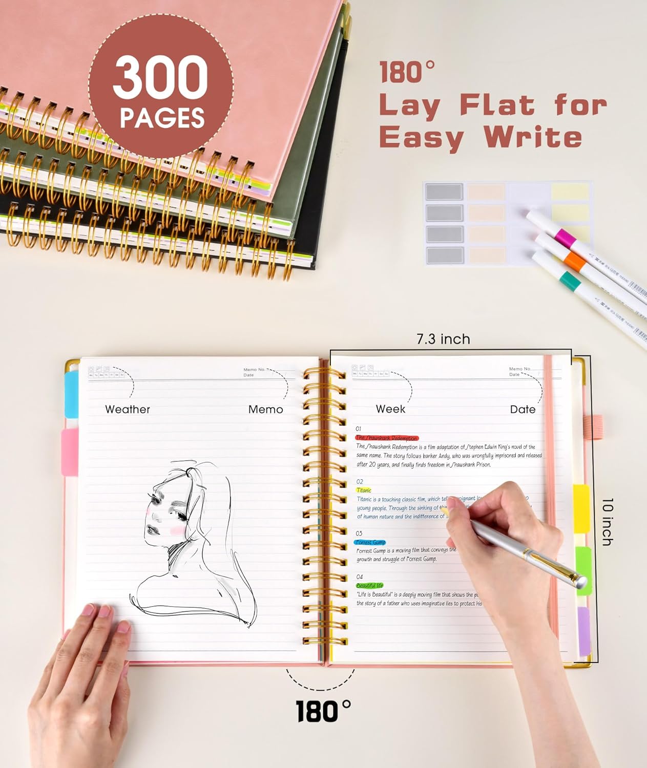 Hardcover Spiral Notebook Journal with Removable Dividers Tabs, 300 Pages Leather 5 Subject Notebook College Ruled, 8"x10" Large B5 Notebooks for Work School Note taking, Lined Journal for Women, Pink - Image 6