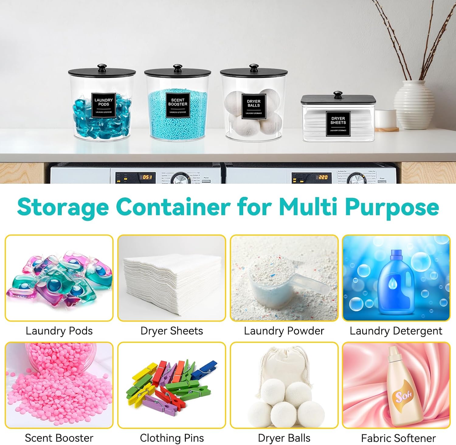 Laundry Pods Container & Dryer Sheet Holder, Laundry Room Organization and Storage Jars with Lids, Labels & Scoops for Powder Detergent Scent Booster, Black Lid - Image 4