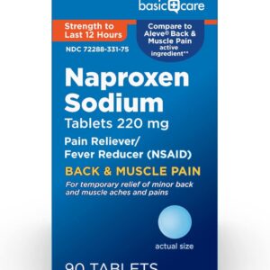 Amazon Basic Care Back and Muscle Pain, 220 mg Naproxen Sodium Tablets, 12-Hour Pain Relief, Headache, Arthritis, Menstrual Cramps, Fever Reducer, 90 Count