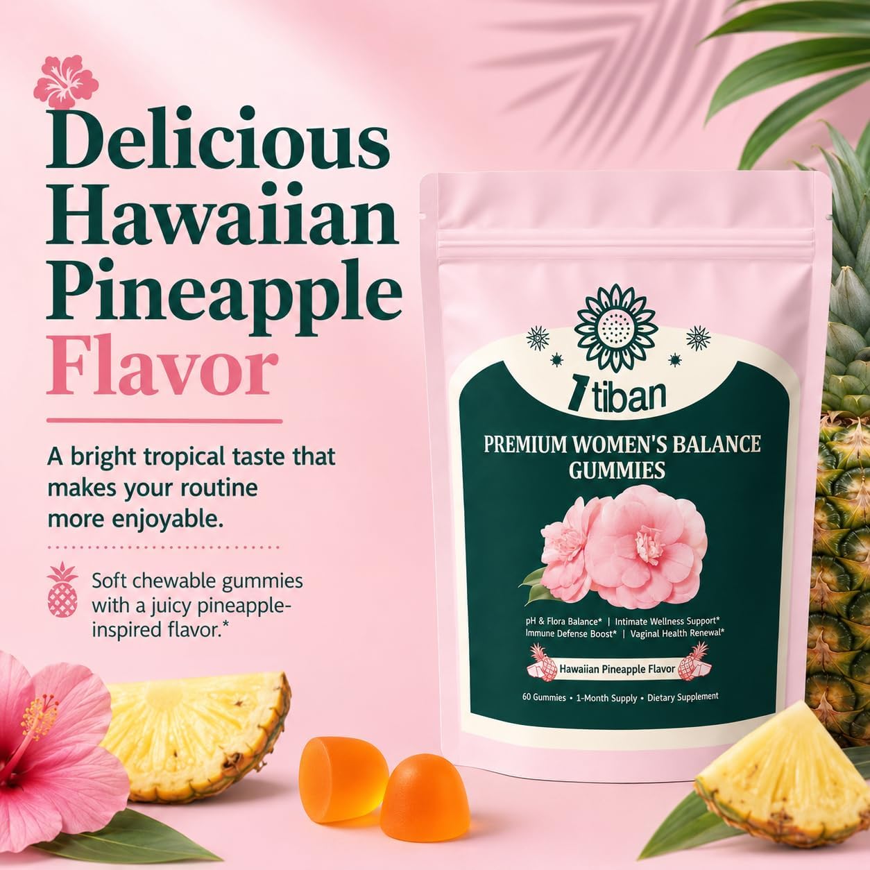 Pineapple Gummies for Women pH Balance, Feminine Probiotics for Vaginigal Health, Nutrition Feminine Gummies, Immune Support, Vegan, Gluten-Free, Hawaiian Pineapple 60 Gummies 30 Servings - Image 6