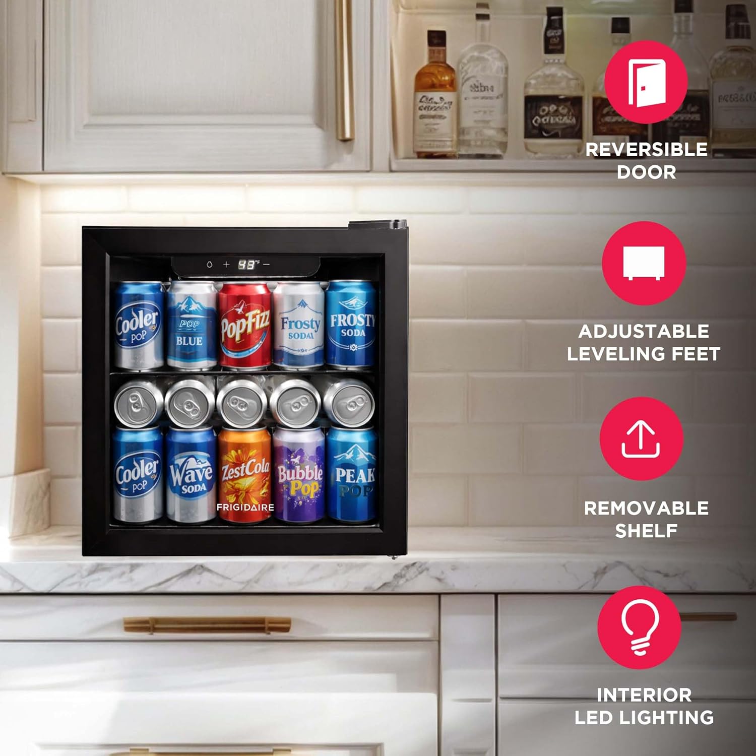 FRIGIDAIRE 12-Bottle Cooler, 1.2 Cu. Ft. Glass Door Beverage Refrigerator, Digital Display Mini Fridge with Touch Controls, Adjustable Shelves, LED Lighting & Quiet Compressor Cooling - Image 4