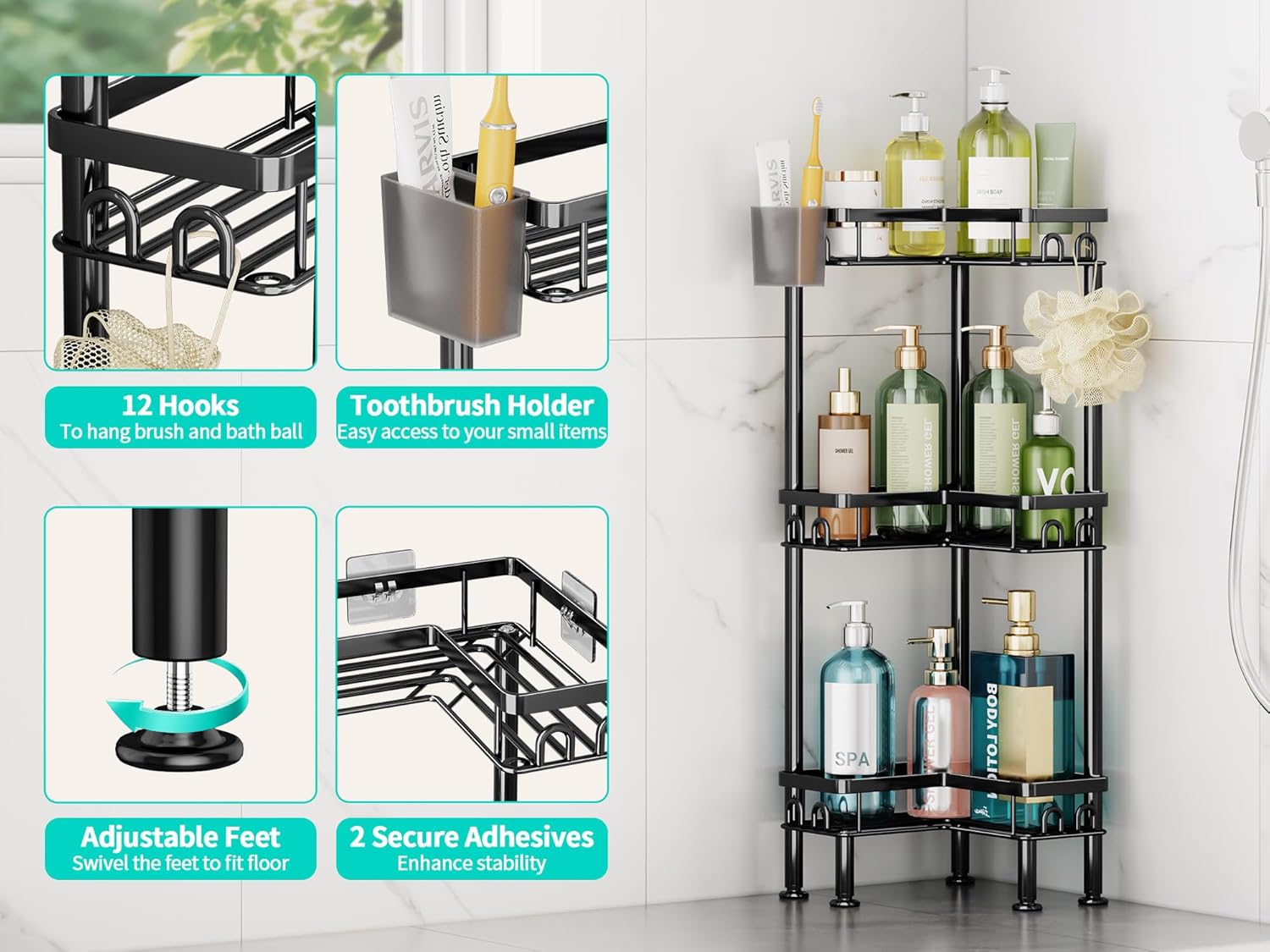 HapiRm Standing Shower Caddy Corner - 3 Tier Corner Shower Organizer with Toothbrush Holder and 12 Hooks, Large Capacity Rustproof Bathroom Shelves for Tall Bottles, Black - Image 3