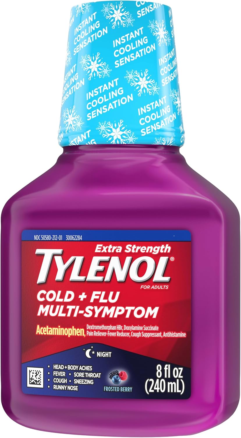 Tylenol Extra Strength Cold + Flu Multi-Symptom Night Liquid Cold Medicine, Acetaminophen Pain Reliever, Dextromethorphan HBr, Doxylamine Succinate, 8 fl oz - Image 9